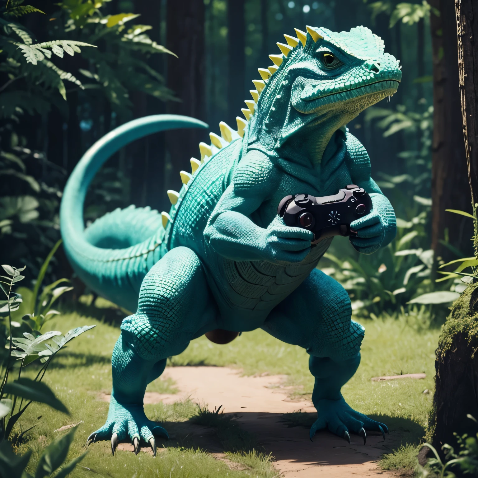 Make an RPG-style lizard with a video game controller in your hand 