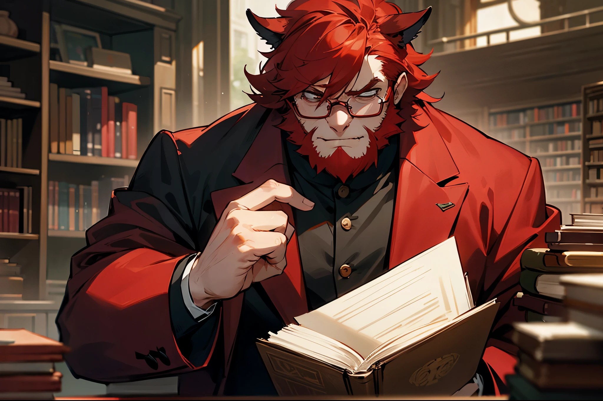 red hair,uncle,ferocious,red suit,black glasses,Slightly fat,male,Bloody beast,coffee shop owner,holding book,library