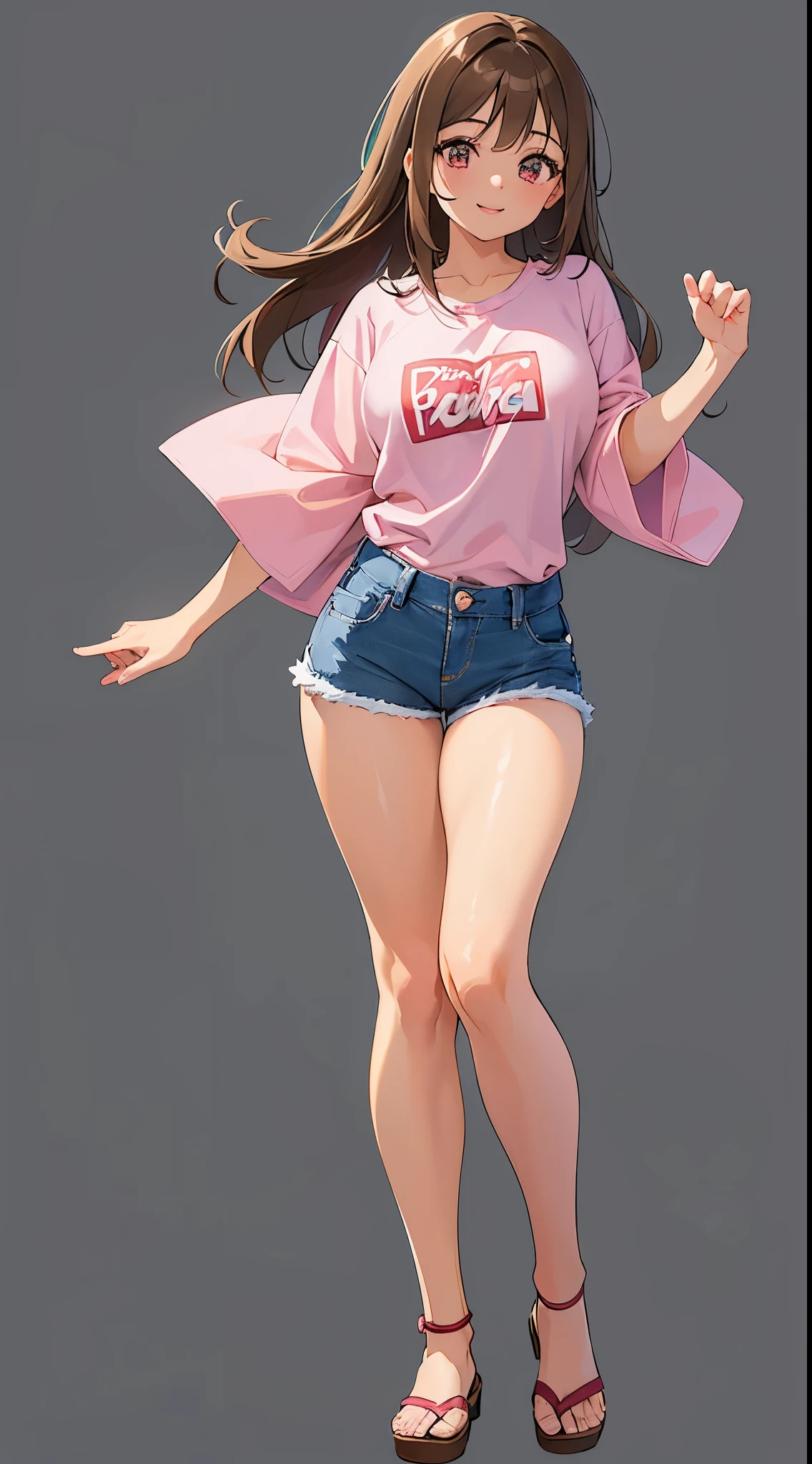 1 girl sigle, long brown Haircurt, eyes color brown, japanese half brazilian, light skin, body type athlete body, full body, wearing pink shirt and blue jeans shorts and brown sandals, age 18, Height	160cm, Breast cup C, light skin, stand pose, smile, Brasil paulo background