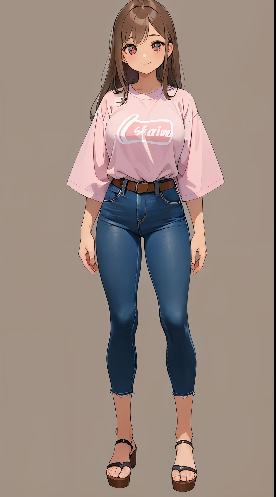 1 girl sigle, long brown Haircurt, eyes color brown, japanese half brazilian, light skin, body type athlete body, full body, wearing pink shirt and blue jeans shorts and brown sandals, age 18, Height	160cm, Breast cup C, light skin, stand pose, smile, Brasil paulo background