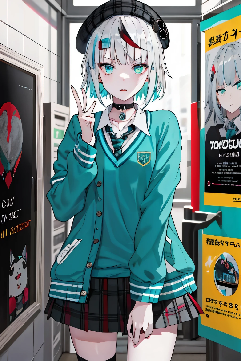 (((dramatic)))、(((rough)))、(((intense))))Movie poster features main character。She is shy in the center of the poster、wearing idol costumes、has a determined look。The background is dark and grainy、I feel like I&#39;m drunk。テキストはBoldで目を引く、catchy slogans add to the overall drama and excitement。The color palette is dominated by dark colors.、Light-colored dotake your poster dynamic and visually impactful、Tachi- e(magazine:1.3)、(coverスタイル:1.3)、solo, red gradation streak hair, short hair, gray hair, Lillie(Waka), black beret, plaid skirt, choker, cyan sweater jacket, collared shirt, black plaid tie, sleeves that go over fingers, Brantbang、Snazzy、vibrant、clothing、Pause、front、Colorful、dynamic、With background、element、have confidence、Be expressive、fail、statement、attachment、majestic、coiled、surroundings、touch、scene、article、cover、Bold、to attract attention、title、fashion、font、catchy、title、big、to attract attention、modern、 trend、focusing、stylish、1 girl,mini skirt