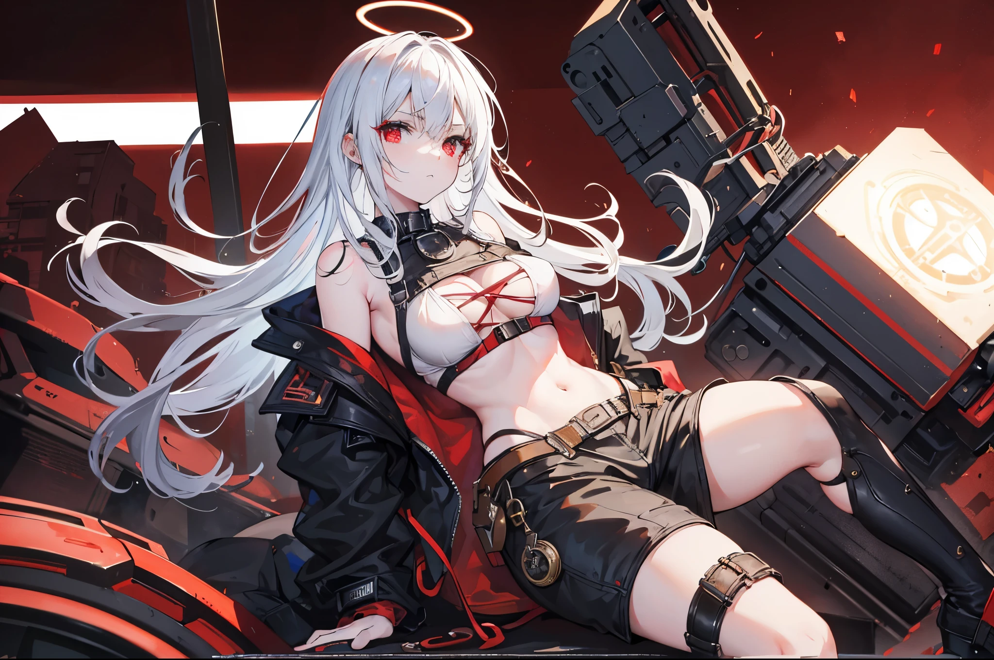 1girl, Steampunk Mechanic, White hair, red eyes, big , black bikini, black halo, nigh, long hair, pure white skin, Steampunk Mechanic clothes, sexy Mechanic clothes, suggestive Mechanic clothes, goggles on the head, Working on a machine, red and black background, froge background, steal factory, hammering, croptop, , ute, vast angle, over-detailed, 8k resolution, high quality, masterpiece, HD Estima

