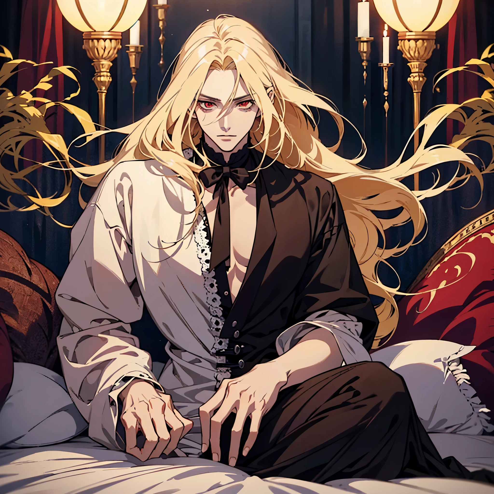 anime, one man with long blonde hair, alucard, castelvania, beautiful androgynous prince, magical blond prince, delicate androgynous prince, handsome male vampire, detailed 30 year old male face, casimir art, anime handsome man, key anime art, vampire, male vampire, red eyes, sexy, attractive, full body, tongle, NO clothes, NO shirt, adult content, on the bed