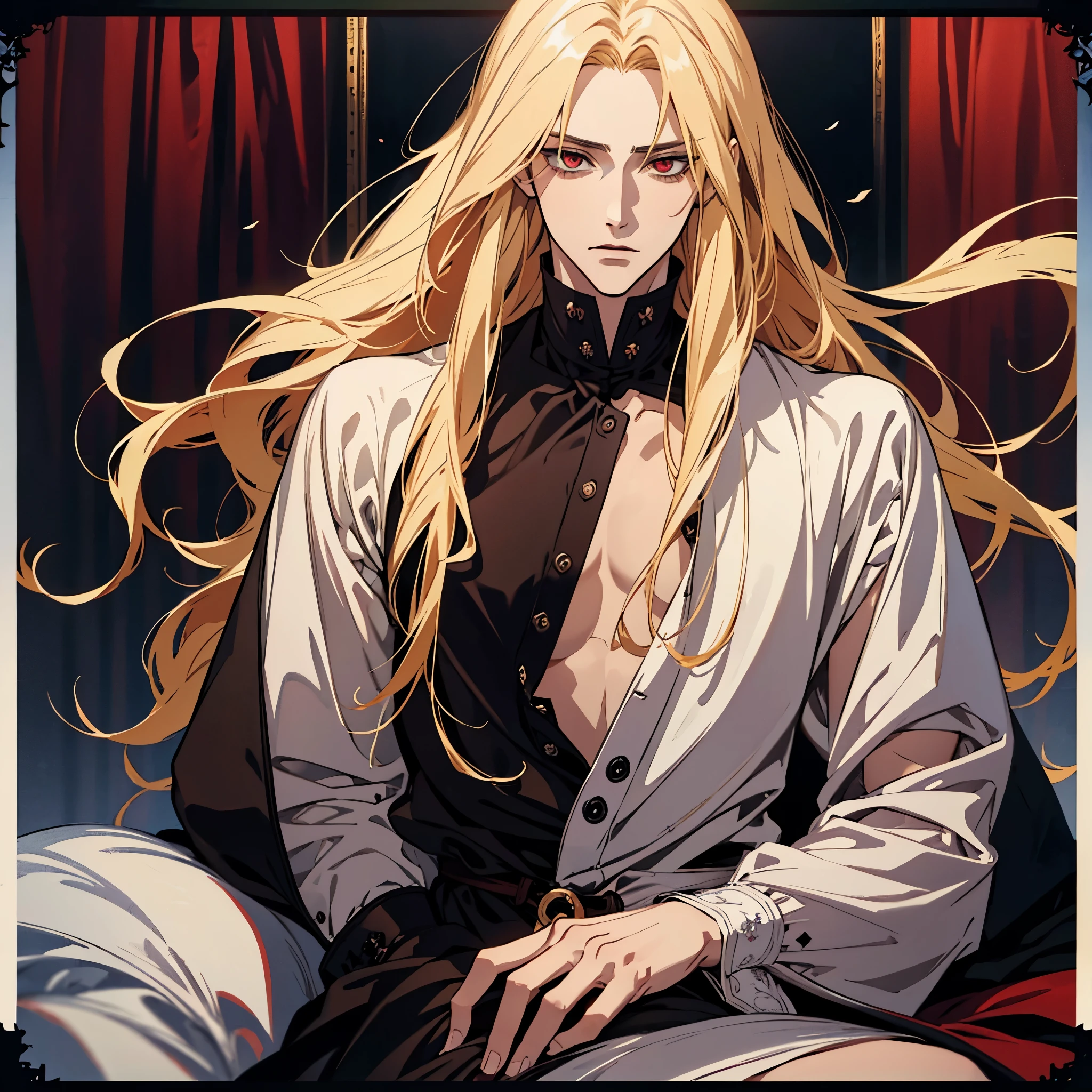 anime, one man with long blonde hair, alucard, castelvania, beautiful androgynous prince, magical blond prince, delicate androgynous prince, handsome male vampire, detailed 30 year old male face, casimir art, anime handsome man, key anime art, vampire, male vampire, red eyes, sexy, attractive, full body, tongle, NO clothes, NO shirt, adult content, on the bed