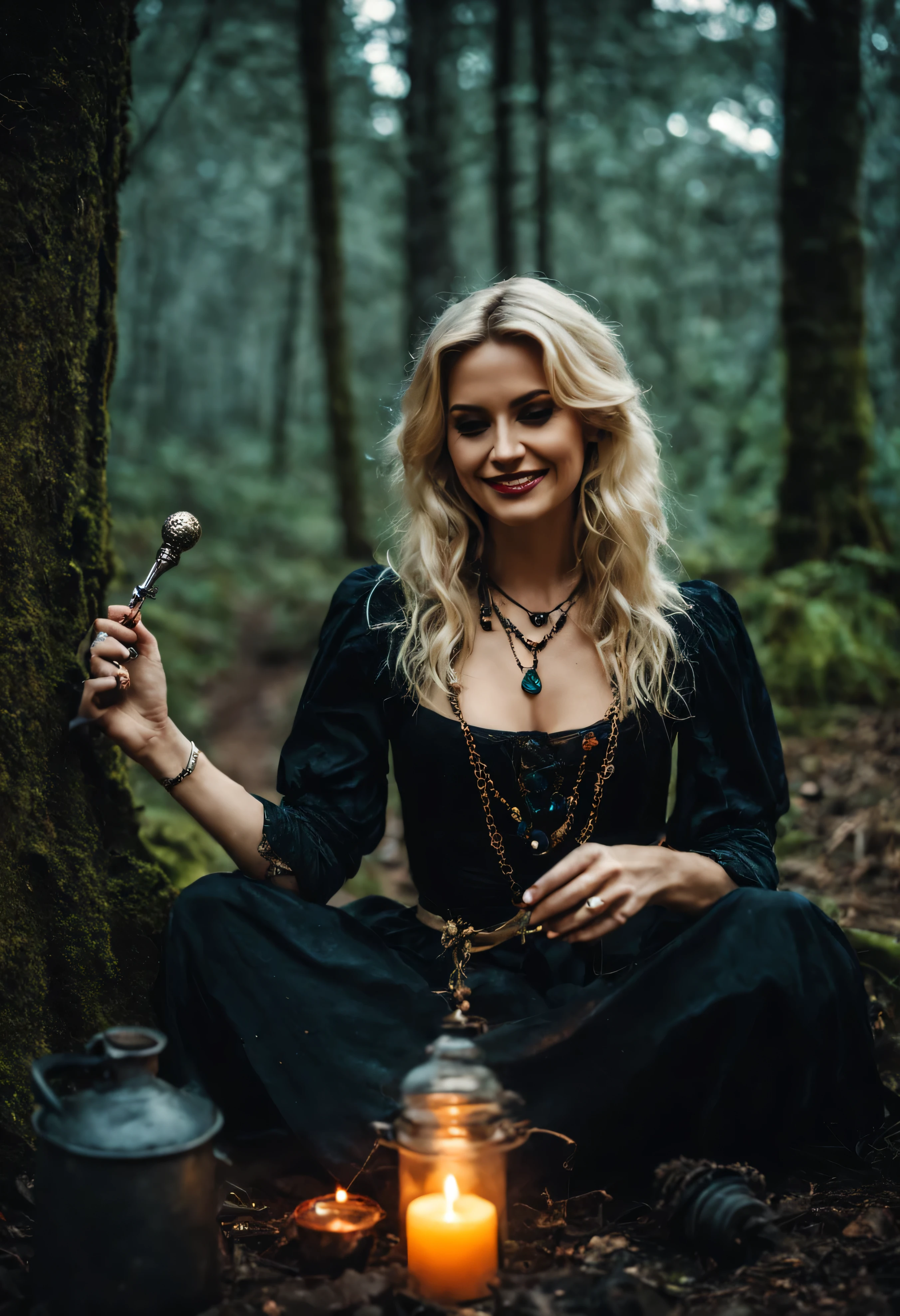 Make one with black skin and freckles that look like stars, she has white hair and bangs, she is in the forest, she is dressed as a sexy witch, Holding a book, high resolution,breastsout,
