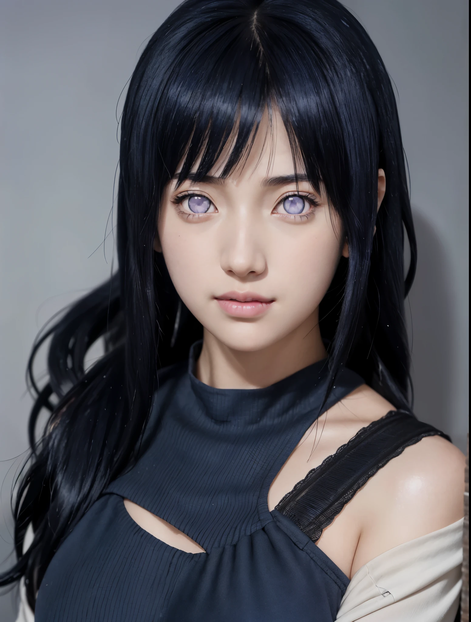 close up image of a person with long hair, hinata hyuga, hinata hyuga from naruto, from naruto, as an anime character, perfect anime face, she has dark blue hair with bangs, female anime character, anime characters, best anime girls, cut hairstyle hime, dark blue hair, pink lips, light purple eyes, smile, (pretty face: 1.3)