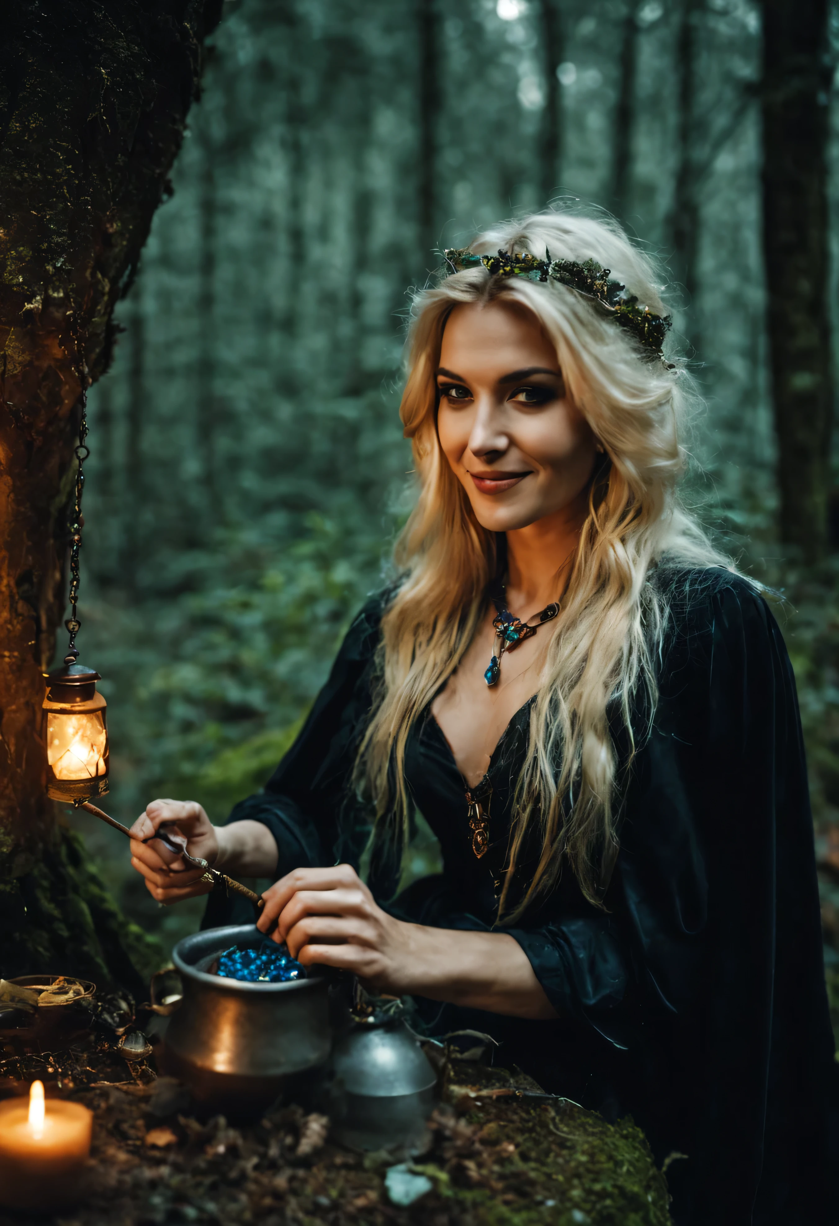Mystical blond witch with an enigmatic smile, wearing enchanted jewelry, brewing potions in an ancient forest, twilight, atmospheric shot.