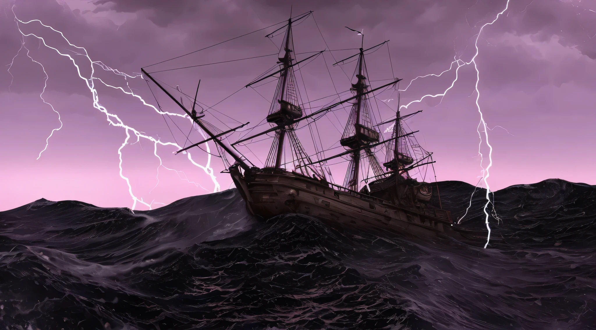 arafed ship in the ocean with lightning coming from the sky, a ship lost in a storm, dramatic nautical scene, gothic ship on ocean, storm at sea, night sea storm, a violent storm at sea, stormy seas, in rough seas with large waves, old pirate ship, in a storm, standing in a maelstrom, on a pirate ship background