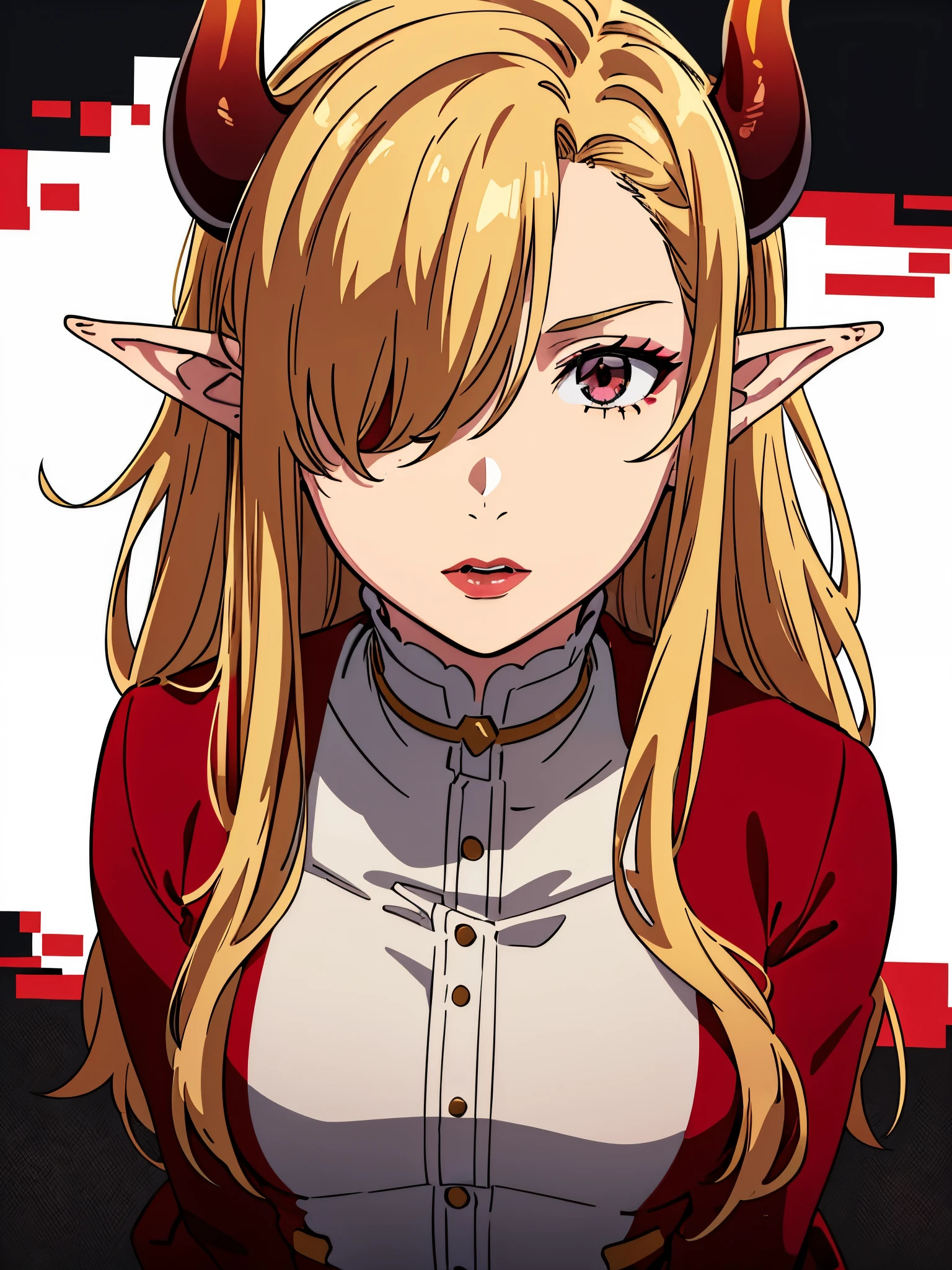 1Woman,solo,40 years old,((mature female)),red lipstick,horns,expressionless,blonde hair,long hair,elf ears,(((hair over one eye))),white background.from front