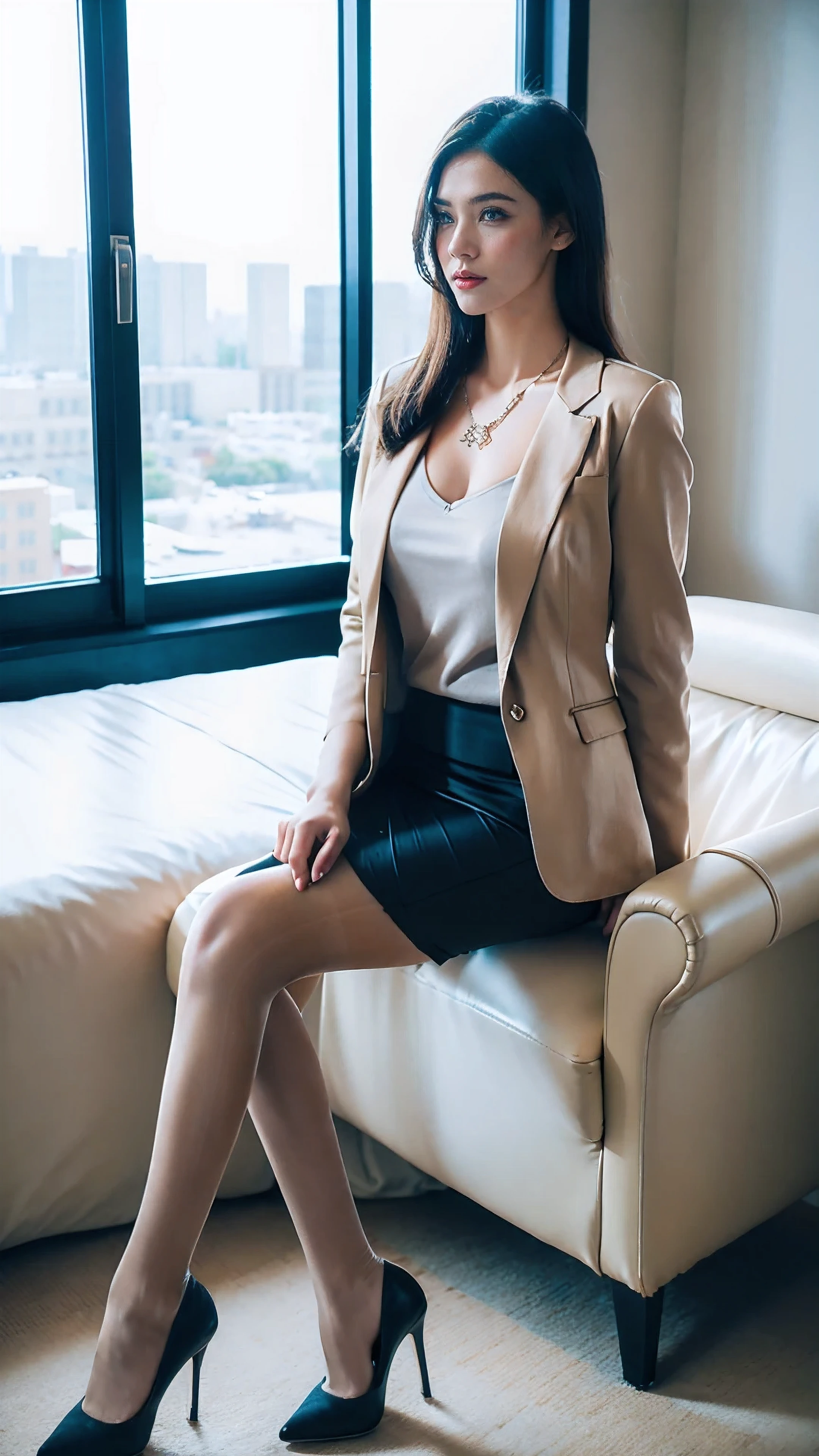 1 girl sitting on an office chair,,(European model:1.3),31 years old,beautifully,business women'clothing,(jacket:1.1),(shirt:1.1),(wrap skirt:1.1),jewelry,knitwear,,color,goosebumps,goosebumps,(Fidelity:1.3),filigree,quality,(masterpiece:1.2),(Fidelity:1.2),(best quality),(Skin details:1.3),(intricate details),drama,Ray tracing,photo,bathed in light and shadow,visual novel,Skyscraper boss office,Windows offer city views,film grain,depth of field,High heel,full-body shot,necklace