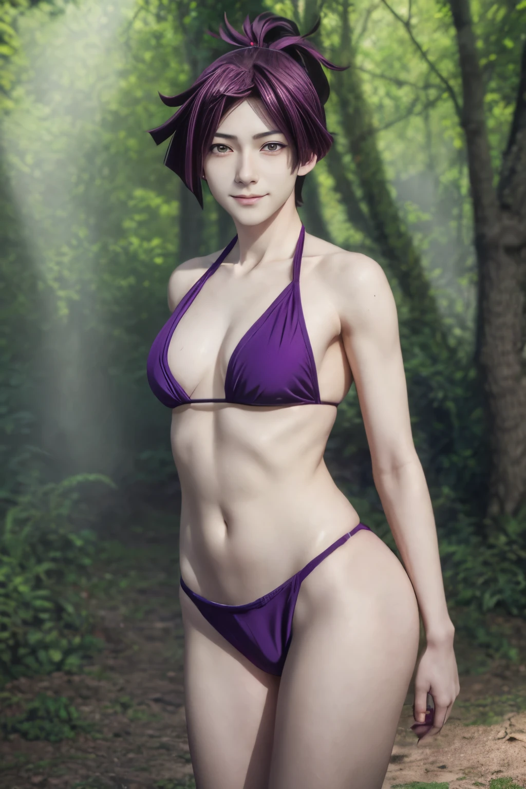 Anime boy in bikini posing in the forest, solo, anime rush john 8k forest, Highly detailed altogerm, attractive anime boy, official anime still, captivating anime boy, High resolution commission, Photorealistic anime boy rendering, Purple hair boy with short ponytail, clothing:bikini swimwear, Red-eyed boy, purple bikini, wearing a swimsuit, High resolution commission, in a trianglebikini, Photorealistic anime boy rendering, anime still, anime moe art style, official art, best anime boy, a boy is standing, smile, Anime visual of a young boy, attractive anime boy, anime male characters, shuushuu anime image, male focus, anime best boys, Gweiz style artwork, detailed digital anime art, fully shaded body, Realistic anime 3D style, 美しいattractive anime boy, realistic anime art style, Realistic shade perfect body, 