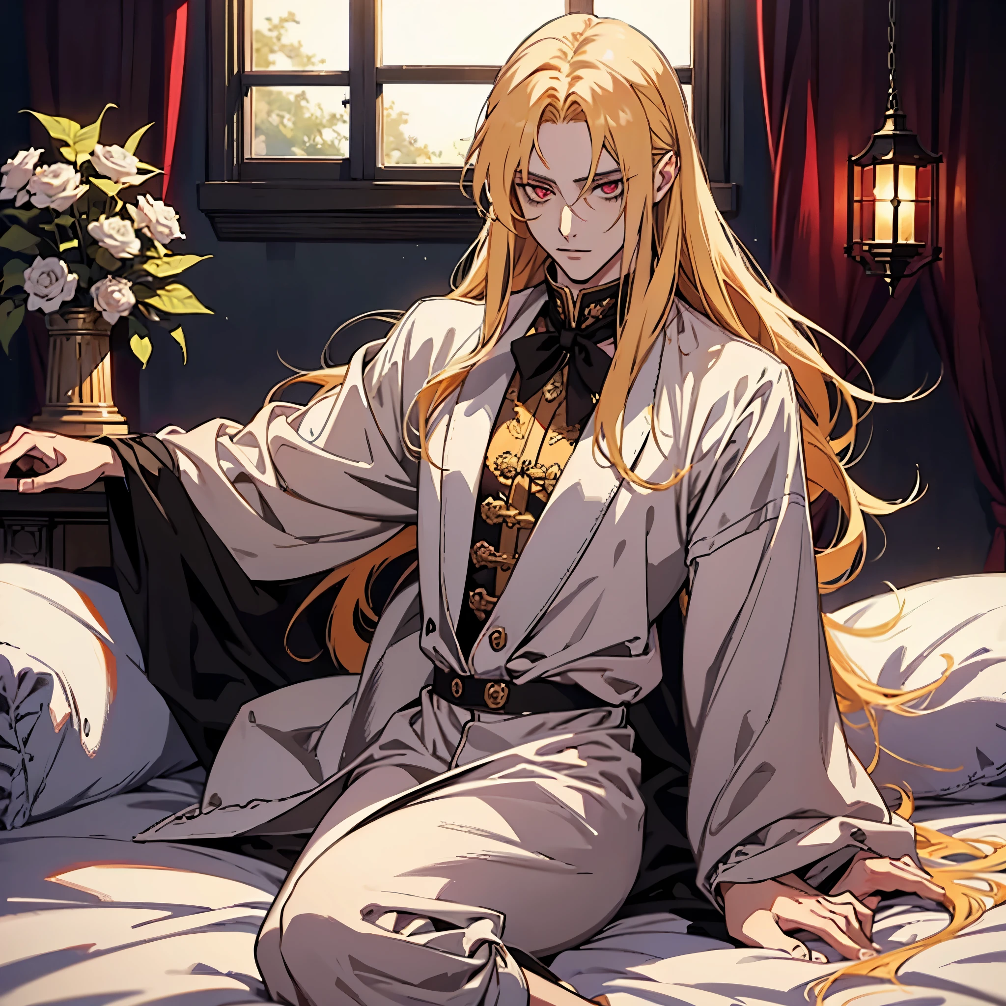 anime, one man with long blonde hair, alucard, castelvania, beautiful androgynous prince, magical blond prince, delicate androgynous prince, handsome male vampire, detailed 30 year old male face, casimir art, anime handsome man, key anime art, vampire, male vampire, red eyes, sexy, attractive, full body, tongle, NO clothes, NO shirt, adult content, on the bed, nudity