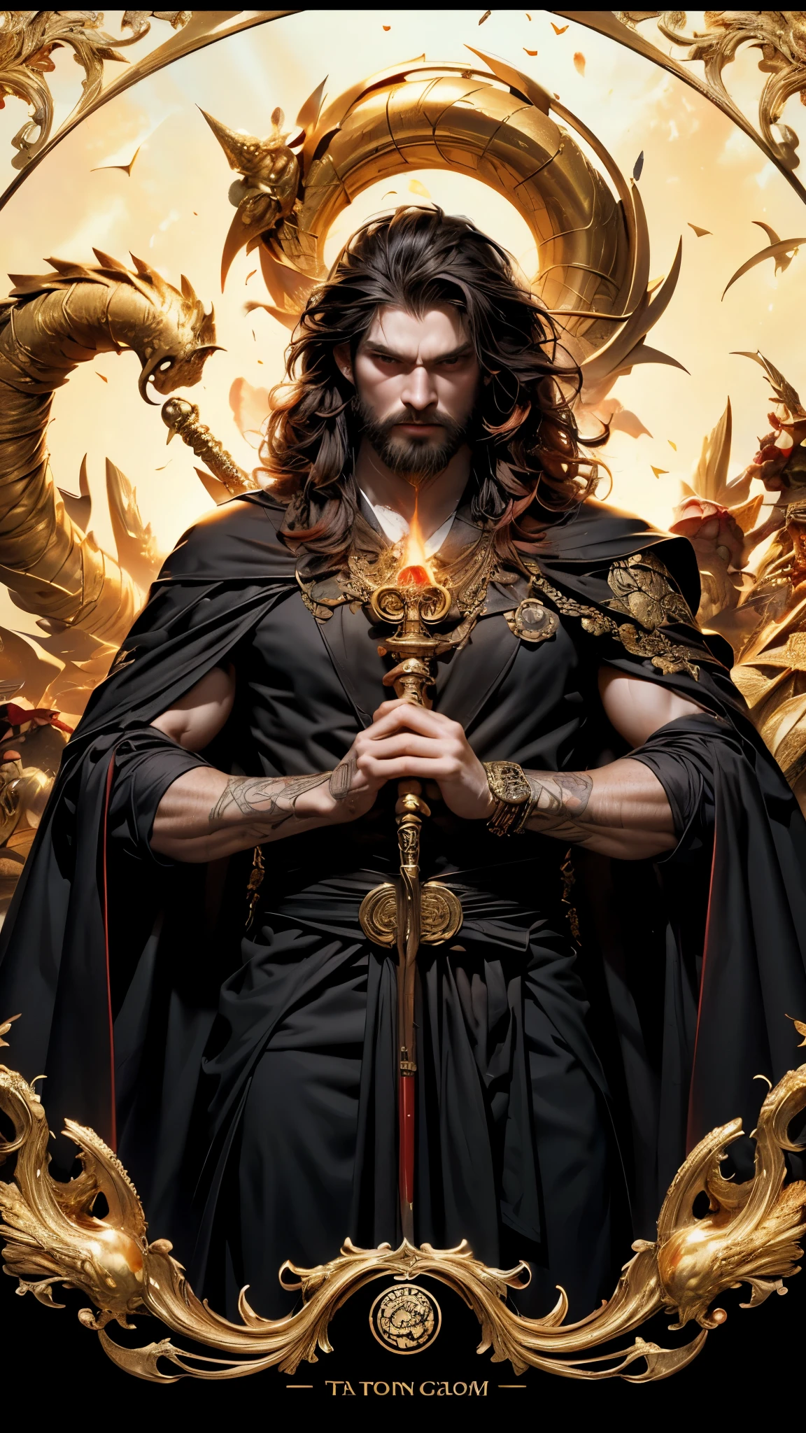 tarot cards，完整的tarot cards边框，(图像被tarot cards式边框包围:1.8), （1 Male 1.5），Hades，The Grim Reaper armed with a giant scythe,（wear：black robe，），fire breathing eyes，angry expression，(hairstyle: red curly hair，)，beard, roman mythology，8k wallpaper,good quality eyes，right eye，right hand， Super detailed, beautiful and beautiful, masterpiece, best quality, (Fractal art: 1.3), mountains, Machine detailed, Dynamic angle, Cowboy shooting, The most beautiful form of chaos, elegant, brutalist design, Bright colors, , volcano,hell, bubble, shells, Blood, perlite,flame, Libra, shells, skull, soul，Hold the scythe，Retro Style，muscular，（tangled，mandala，tangled，entangled）， (Fractal art: 1.3)，divine light，gold foil，gold foil艺术，flash drawing，完整的tarot cards边框，（full bezel 1.5），（The bounds are centered on 1.8），Fang Yi