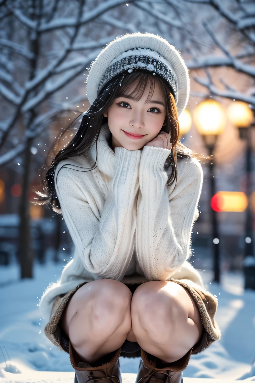 (table top:1.3, Photoreal:1.4, 8k), highest quality, masterpiece, 超A high resolution, perfect dynamic composition, Highly detailed skin and facial textures:1.3, detailed eye, Detail of limbs, winter, (it&#39;s snowing:1.2), Snowfall landscape at night:1.2, 1 girl, Cute sexy 29 year old slim woman, Fair skin, (Snow fell on my body and clothes:1.2), ((laughter:0.9, completely enchants you:1.0)), (Chunky short jacket over white long sleeve mohair knit sweater:1.3, tweed mini skirt:1.1), ((plump breasts:1.05)), short boots, (facing the front, bend your knees and squat on the snow), (beautiful blue eyes, Eyes that feel beautiful eros:0.85), sexy face:0.4, (A taste that gives you a beautiful sense of eroticism:0.85), ((Perfect and ultimate cuteness:0.9))