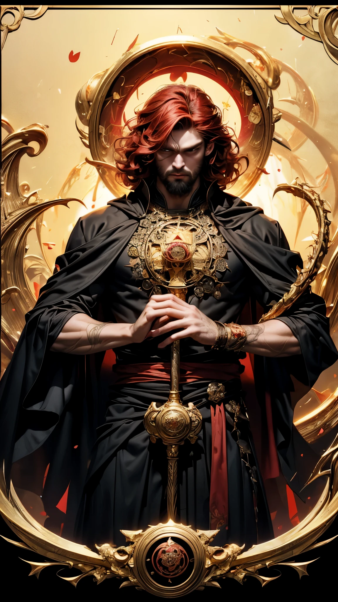 tarot cards，完整的tarot cards边框，(图像被tarot cards式边框包围:1.8), （1 Male 1.5），Hades，The Grim Reaper armed with a giant scythe,（wear：black robe，），fire breathing eyes，angry expression，(hairstyle: red curly hair，)，beard, roman mythology，8k wallpaper,good quality eyes，right eye，right hand， Super detailed, beautiful and beautiful, masterpiece, best quality, (Fractal art: 1.3), mountains, Machine detailed, Dynamic angle, Cowboy shooting, The most beautiful form of chaos, elegant, brutalist design, Bright colors, , volcano,hell, bubble, shells, Blood, perlite,flame, Libra, shells, skull, soul，Hold the scythe，Retro Style，muscular，（tangled，mandala，tangled，entangled）， (Fractal art: 1.3)，divine light，gold foil，gold foil艺术，flash drawing，完整的tarot cards边框，（full bezel 1.5），（The bounds are centered on 1.8），Fang Yi