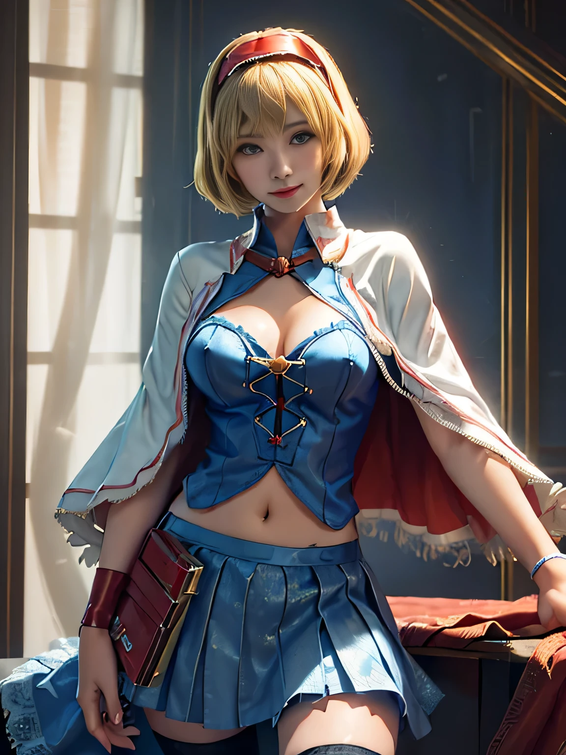 (masterpiece, best quality:1.4), ((1girl)), highres, solo, (european youth:1), ((Touhou Project)), ((18 years old)), Cosplay, ((Blonde)), ((Bob cut hair)), ((Bangs)), (((Red Hairband))), ((Thin lips)), (((Short White Cape))), (Middle Breast), (((Light Clothing))), (((Open Clothes))), (Navel)), BREAK, ((Blue skirt)), (((Pose))), single thighhigh, fishnets, high detailed skin, dslr, soft lighting, high quality, highly detailed face, highly detailed skin, skin pores, subsurface scattering, realistic pupils, full face blush, detailed background, depth of field, volumetric lighting, sharp focus, absurdres, realistic proportions, good anatomy, ((cowboy shot)), ((looking at viewer)), ((light smile)), (realistic, hyperrealistic:1.4), 16k hdr, from above, Blue sky, (((Doll workshop)))