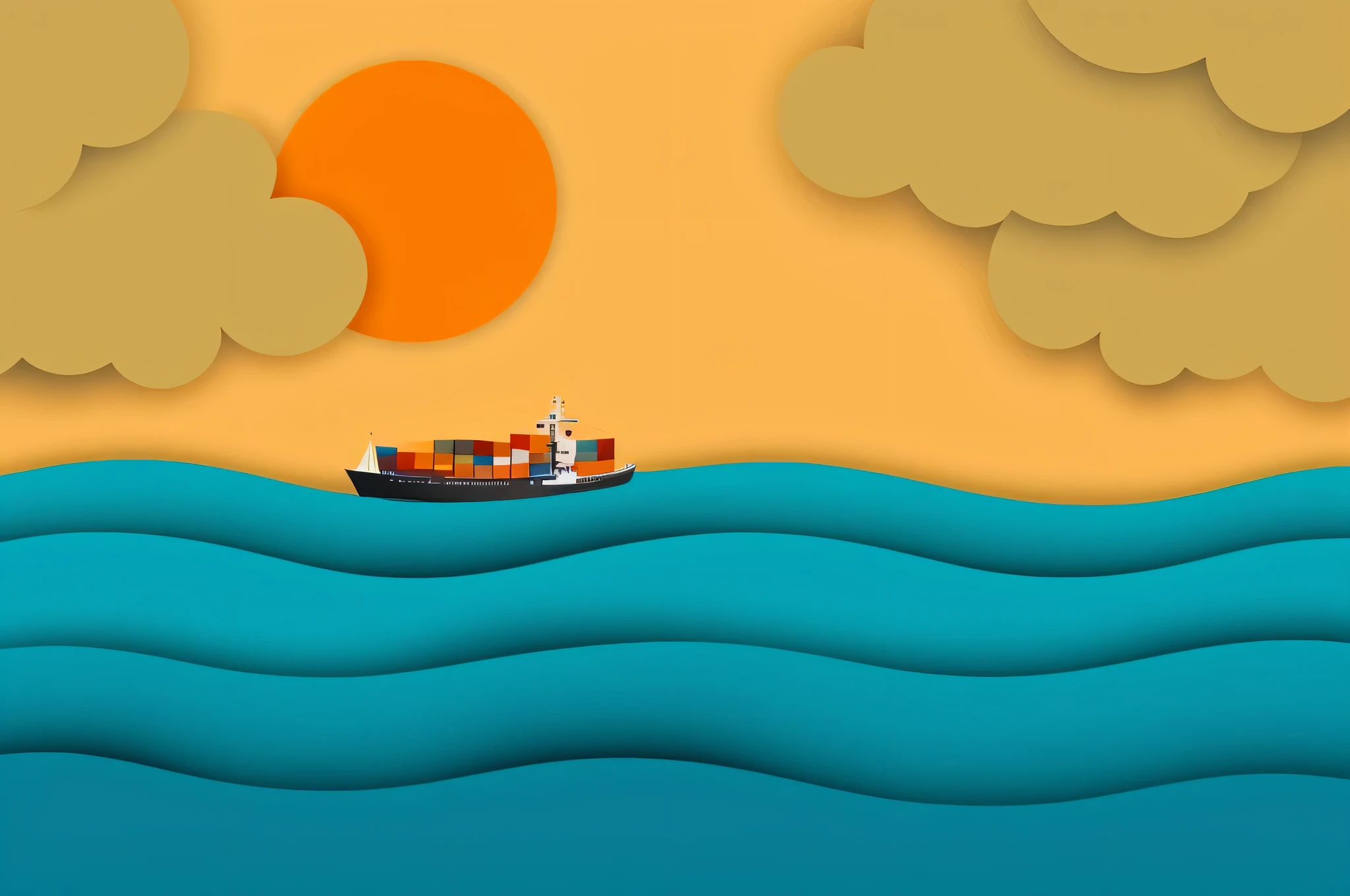 there is a boat sailing in the ocean with a sun in the background, port scene background, ship at sea, container ship, ship, sunset illustration, simple illustration, ocean, utilitarian cargo ship, boat, ships, paper craft low poly, sea background, maritime, stylized digital illustration, flat illustration, shaded flat illustration, a ship lost in a storm