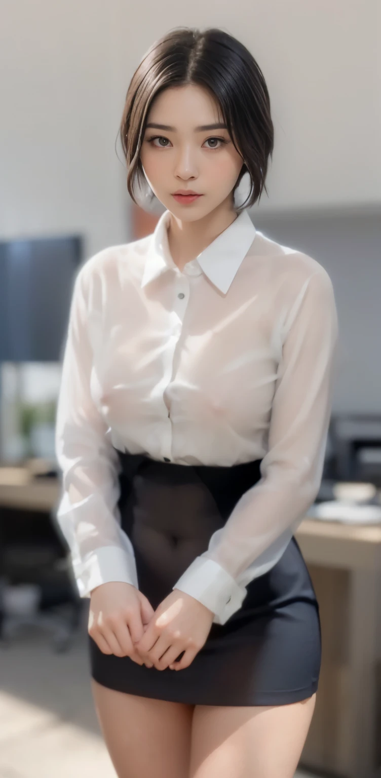 (smile)、((nipple見え))、(translucent shirt:1.2)、(In 8K、highest quality、masterpiece:1.2)、(genuine、photogenuineistic:1.37)、Super detailed、1 girl、cute、、Big eyes、beautiful detailed eyes、office、、(blush your nose)、 (perfect beautiful beautiful face:1.15)、(closed mouth)、細やかなbeautiful eyes、(skeleton shirt:1.1)、daytime、、short cut hair、、white lace、(short hair:1.5)、floating hair、body、20 year old woman、brown hair、、brown eyes、small head、((M cup fashion girl、beautiful eyes、genuine face、genuine skin、genuine-looking face、genuineな肌、fine eyes、、(No underwear:1.3)、、viewer、Look carefully at the face and chest、, see-through shirt。the tip of the chest sticks out。Areola is protruding。(The shape of the genitals is clearly visible), lots of eyelashes。black eyeshadow。bright red lips。black sexy high heels。pubic hair。The lower abdomen is bristly。thin。thighs are open。pubic hairが非常に多い。nippleは非常に突き出ています, そして繊細なbody型、dark blue suit、camel'With toes、protruding pussy_nipple