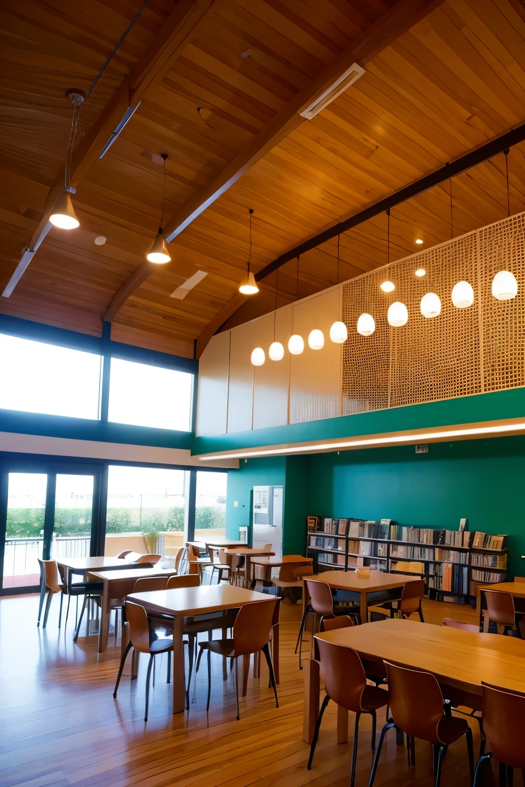 CREA UN AMBIENTE, SERA SOBRE UNA LIBEREIA CAFETERIA BASADA EN LA LITERATURA JUVENIL. DONDE TENGA CUADROS SOBRE LOS PERSOANJES DE LOS LIBROS. UN AMBIENTE ACOGEDOR CON VENTANALES Y AMBINETE CREATIVO MODERNO