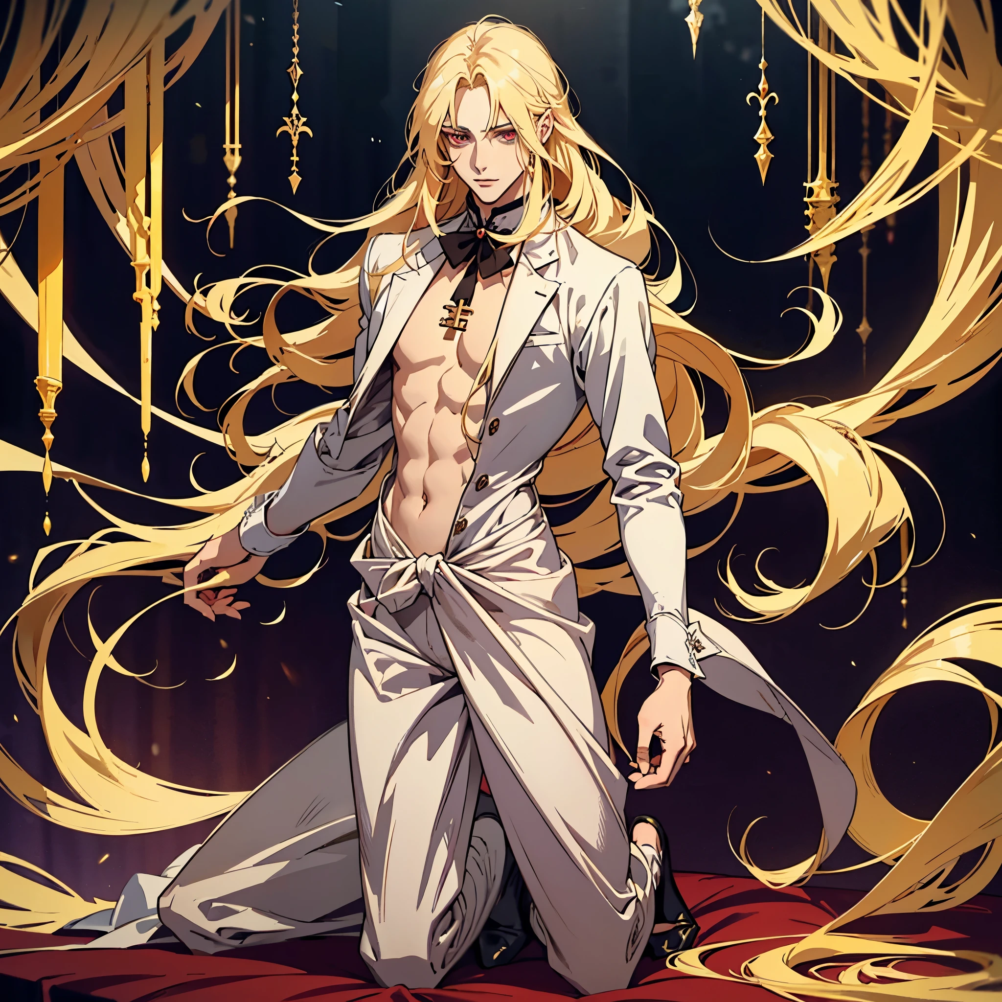 anime, one man with long blonde hair, alucard, castelvania, beautiful androgynous prince, magical blond prince, delicate androgynous prince, handsome male vampire, detailed 30 year old male face, casimir art, anime handsome man, key anime art, vampire, male vampire, red eyes, sexy, attractive, full body, tongle, NO clothes, NO shirt, adult content, on the bed, nudity