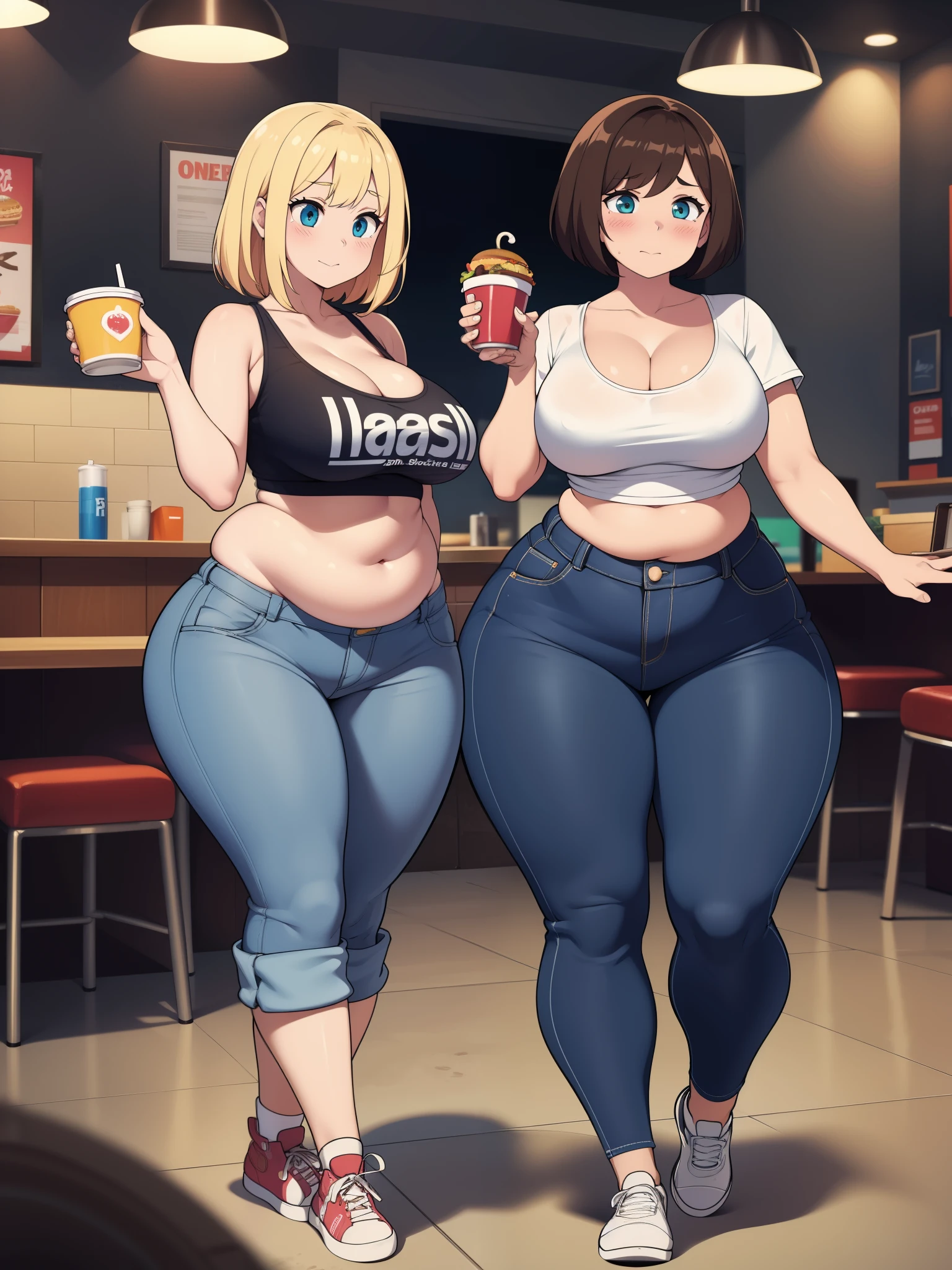 ((highres)), high quality, best quality, masterpiece, perfect lighting, detailed face, ultra cute face, ((2girls)), ((blush)), embarrassed, one girl has blonde hair, blue eyes, crop top and shorts, one girl has brown hair, green eyes, jeans, white shirt, tight clothes, fast food restaurant, medium breasts, cleavage, perky breasts, (wide hips), ((thick thighs)), ((chubby)), standing next to each other,