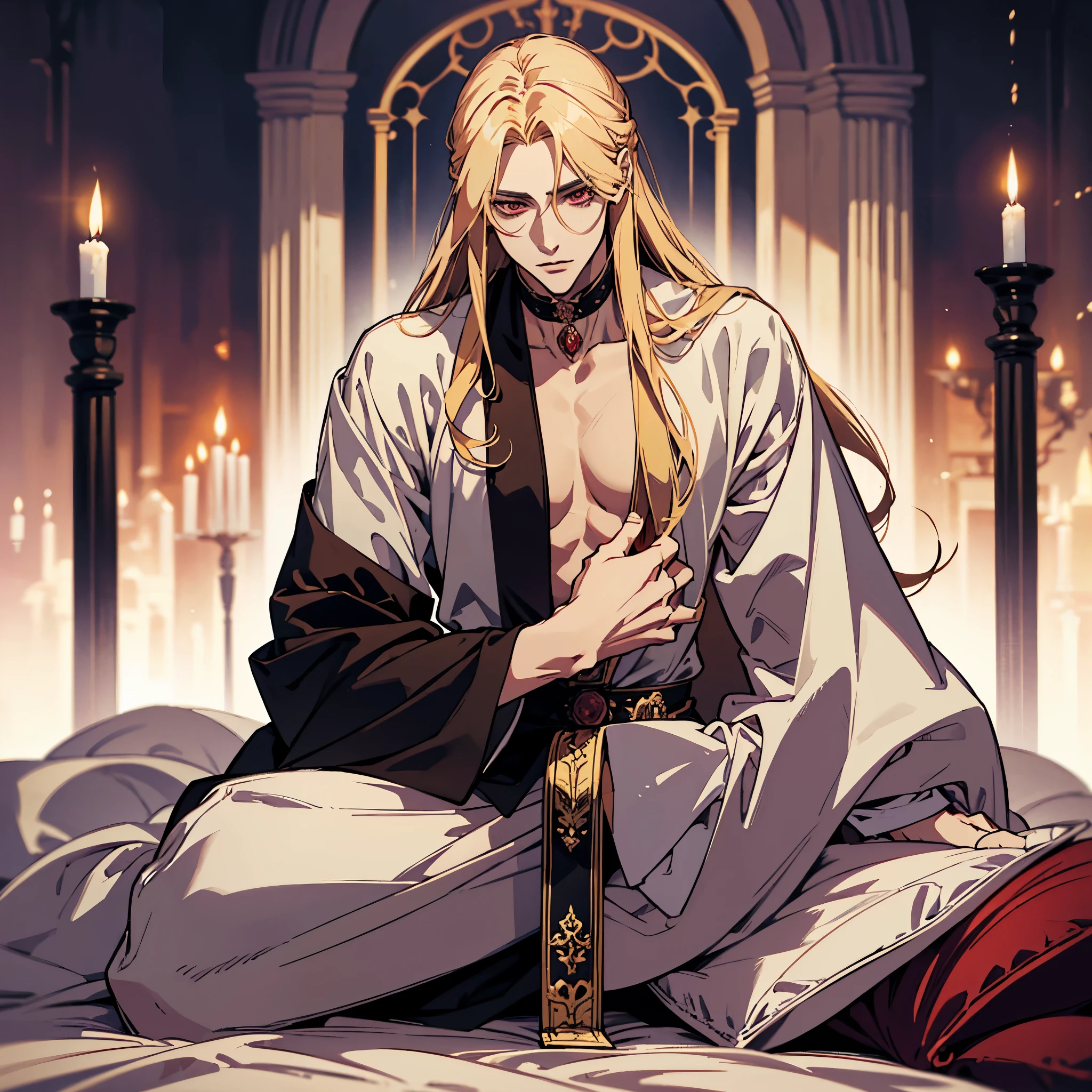 anime, one man with long blonde hair, alucard, castelvania, beautiful androgynous prince, magical blond prince, delicate androgynous prince, handsome male vampire, detailed 30 year old male face, casimir art, anime handsome man, key anime art, vampire, male vampire, red eyes, sexy, attractive, full body, tongle, NO clothes, NO shirt, adult content, on the bed, nudity