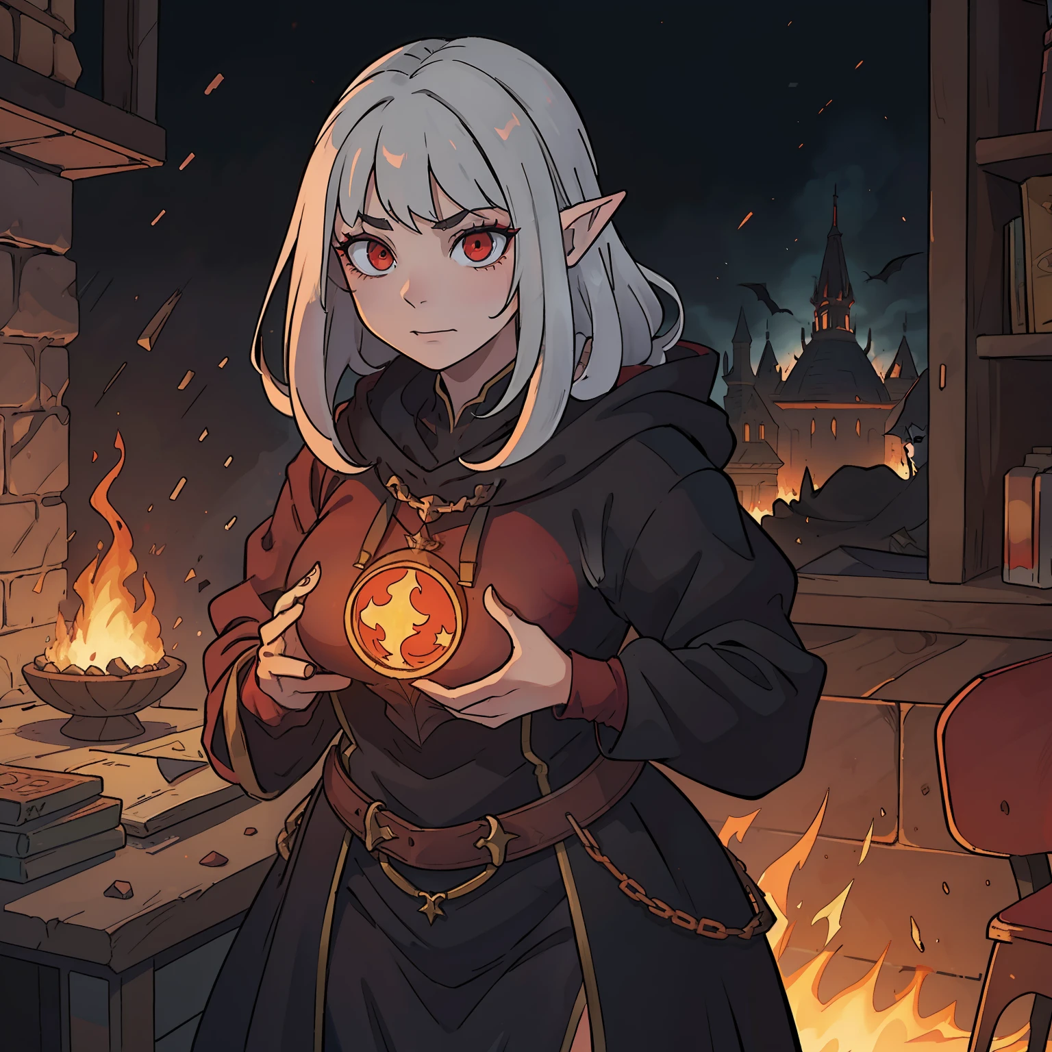 mysterious evil woman, wearing a hoodie, medieval clothes, cultist dark magic clothes, white long hair, bright red evil eyes, evil looking face, villain character, elven ears, sadistic look, insane eyes, mature woman, curvy body, voluptuous body, awesome quality, 8k resolution, dungeons and dragons character, rpg character, dark aura, fire sparks in background, pastel colors, ruins construction blurred in far background, war scenario