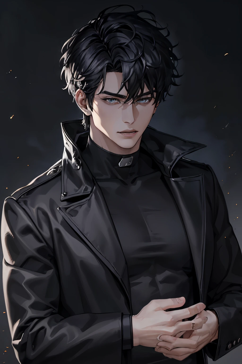 "(La meilleure qualité,4K,8K,High resolutions,Chef-d&#39;artwork:1.2),ultra detailed,(realistic,fotorrealistic,fotorrealistic:1.37), Manhwa Art Homme européen de 25 ans, peau ivoire, Messy Hair Jet Black Hair, piercing eyes, iris gris, Wear a black coat with a demonic skull logo, razor sharp jaw, dazzle, Cold and mysterious character, corps entier, Athletic body, 8K, detailed features, beautiful, Regard rêveur sur son visage, Bright lighting, blurred background