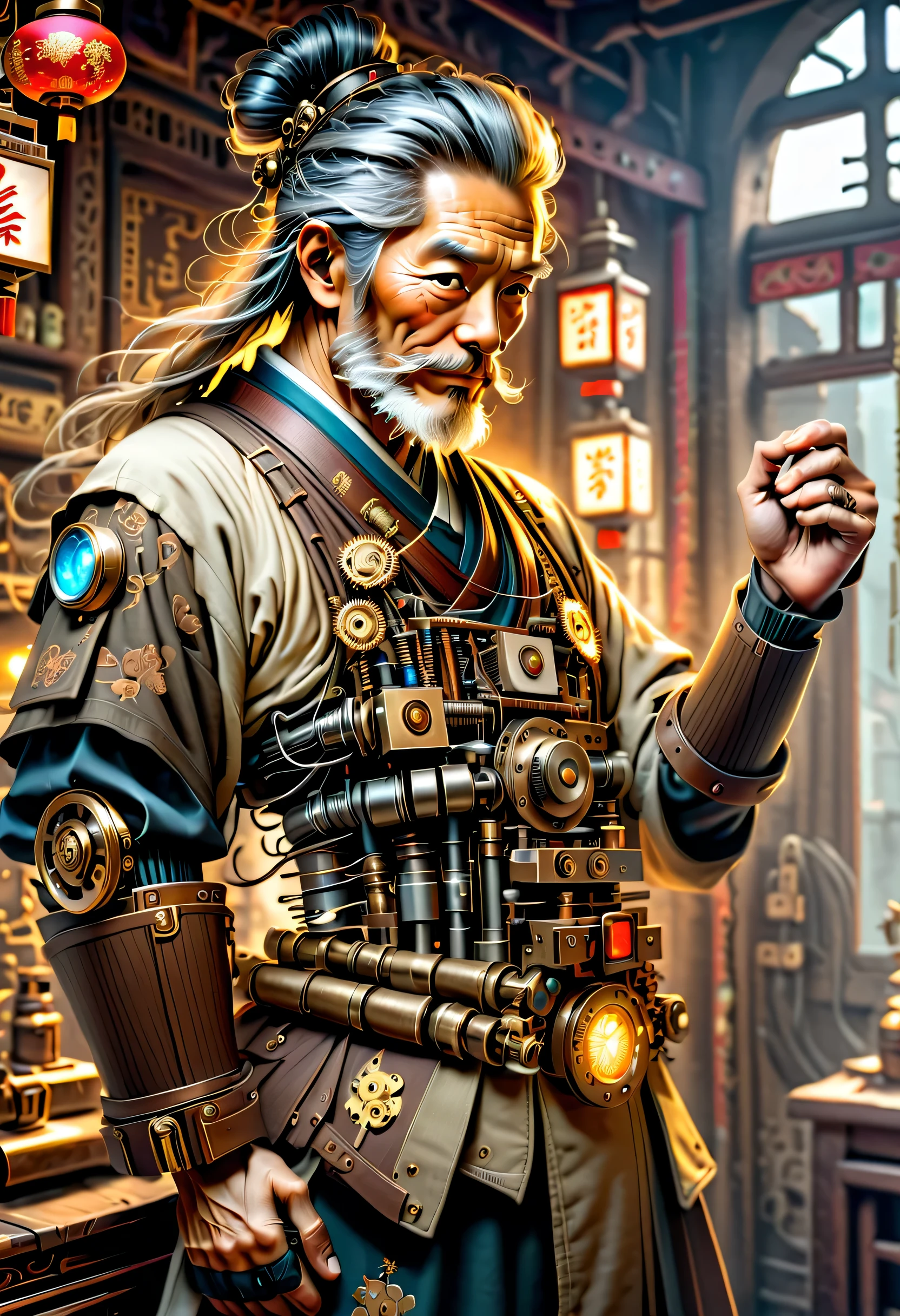 薬を販売しているImmortal,優しそうなelder,wiring,Immortal:elder:gray hair:wrinkled face:Chinese:i doubt it:The right arm of the machine,Fusion of machine and man,pharmacy background:ancient Chinese style:Medicinal herbal tar:wooden medicine cabinet,he lost part of his body in the war,Don&#39;don&#39;t hate anyone々I live with,右腕が機械になったImmortal,ancient Chinese styleの衣装,Steampunk element,Mechanically,Mechanical,intricate details,very fine,,High resolution,high quality,最high quality,clearly,Be clear,beautiful light and shadow,Three dimensions,complex configuration,mechanism,dynamic,Fusion of ancient civilization and steampunk,Be expressive,Impersonal,attractive,everyone loves him,I&#39;Iはジョークが得意で、I laugh a lot,prosthetic limb