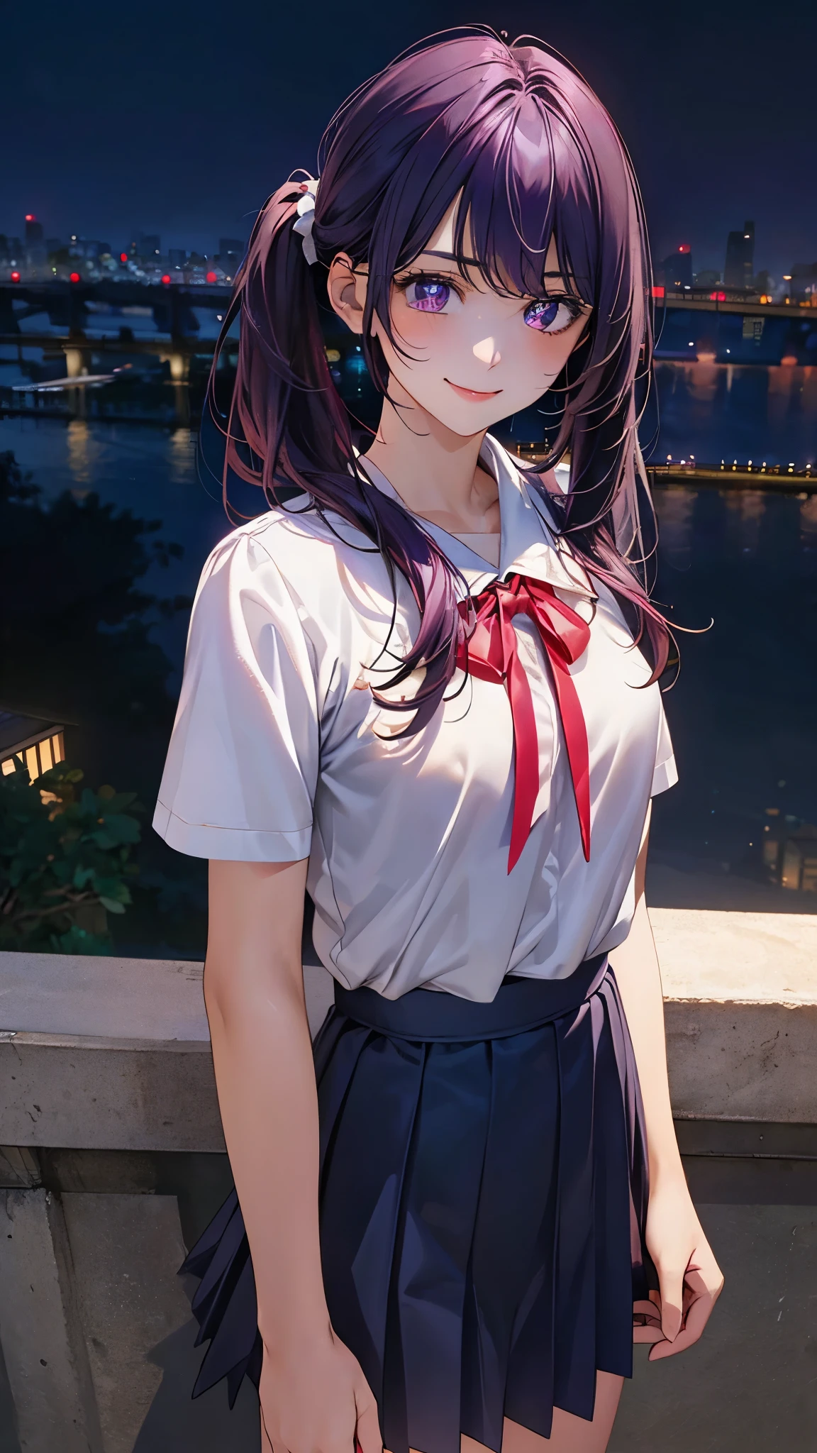 (masterpiece:1.2, top-quality), (realistic, photorealistic:1.4), beautiful illustration, (natural side lighting, movie lighting), 
looking at viewer, 1 girl, japanese, junior high school girl, 12 years old, perfect face, cute and symmetrical face, shiny skin, 
(long hair, side ponytail, purple hair), swept bangs, purple eyes, big eyes, long eye lasher, (medium breasts:0.7), 
beautiful hair, beautiful face, beautiful detailed eyes, beautiful clavicle, beautiful body, beautiful chests, beautiful thigh, beautiful legs, beautiful fingers, 
((detailed cloth texture, short sleeve collared white shirt, navy pleated skirt, red neck ribbon)), 
(beautiful scenery), evening, (park, cityscape in the distance), standing, (lovely smile, upper eyes),