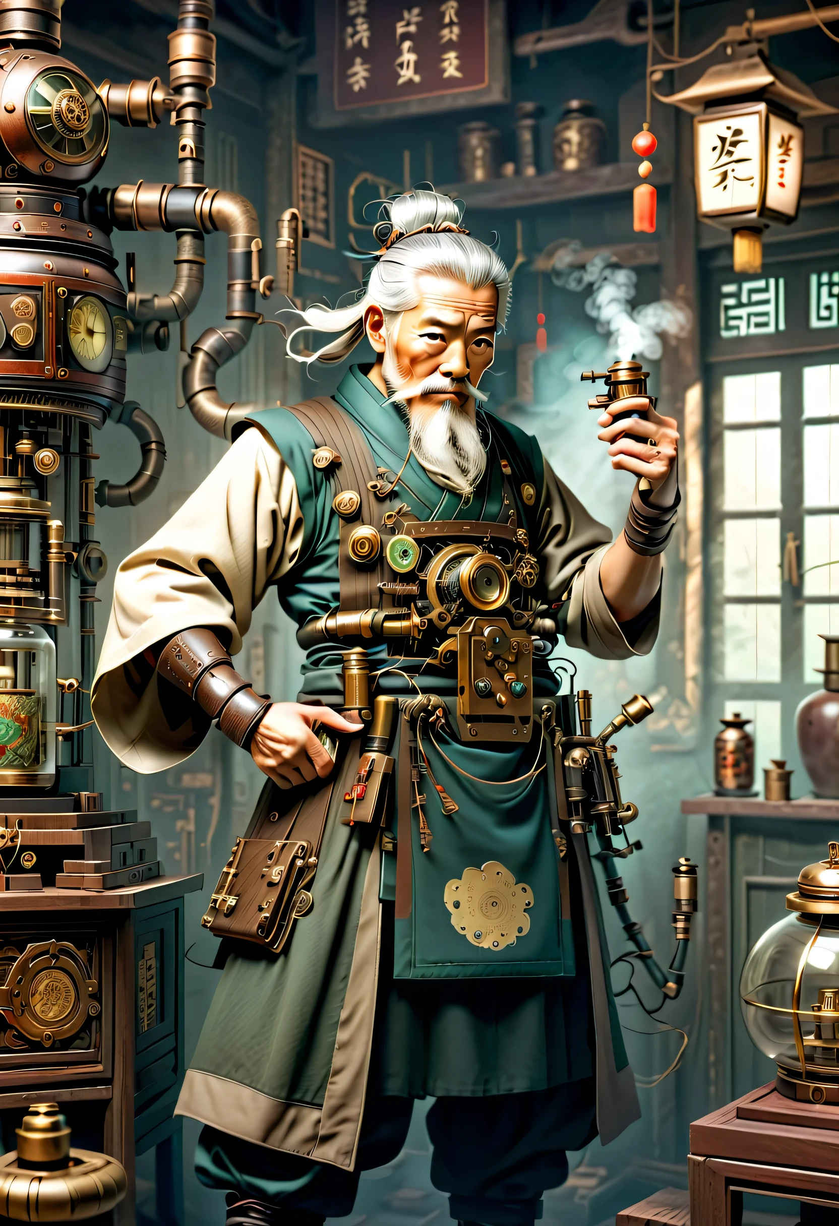 薬を販売しているImmortal,優しそうなelder,wiring,Immortal:elder:gray hair:wrinkled face:Chinese:i doubt it:The right arm of the machine,Fusion of machine and man,pharmacy background:ancient Chinese style:Medicinal herbal tar:wooden medicine cabinet,he lost part of his body in the war,Don&#39;don&#39;t hate anyone々I live with,右腕が機械になったImmortal,ancient Chinese styleの衣装,Steampunk element,Mechanically,Mechanical,intricate details,very fine,,High resolution,high quality,最high quality,clearly,Be clear,beautiful light and shadow,Three dimensions,complex configuration,mechanism,dynamic,Fusion of ancient civilization and steampunk,Be expressive,Impersonal,attractive,everyone loves him,I&#39;Iはジョークが得意で、I laugh a lot,prosthetic limb