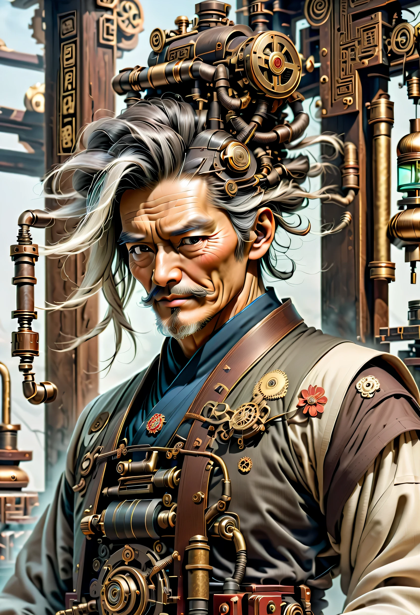 薬を販売しているImmortal,優しそうなelder,wiring,Immortal:elder:gray hair:wrinkled face:Chinese:i doubt it:The right arm of the machine,Fusion of machine and man,pharmacy background:ancient Chinese style:Medicinal herbal tar:wooden medicine cabinet,he lost part of his body in the war,Don&#39;don&#39;t hate anyone々I live with,右腕が機械になったImmortal,ancient Chinese styleの衣装,Steampunk element,Mechanically,Mechanical,intricate details,very fine,,High resolution,high quality,最high quality,clearly,Be clear,beautiful light and shadow,Three dimensions,complex configuration,mechanism,dynamic,Fusion of ancient civilization and steampunk,Be expressive,Impersonal,attractive,everyone loves him,I&#39;Iはジョークが得意で、I laugh a lot,modified human