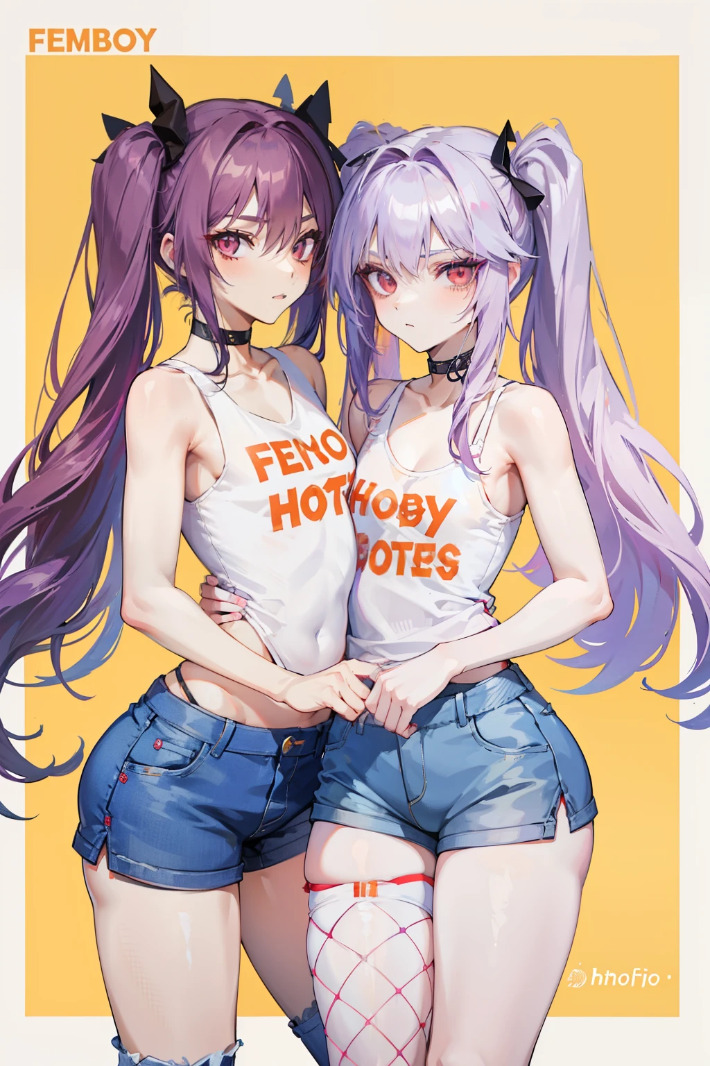 femboy, 1 male, girly male, girly boy, long hair, long haircut, purple hair, hooters uniform, short shorts, jeans shorts, jeans shorts, red eyes, twintails, tanktop, text on tanktop femboy hooters, fishnets stockings, russian femboy, russian male, russian boy