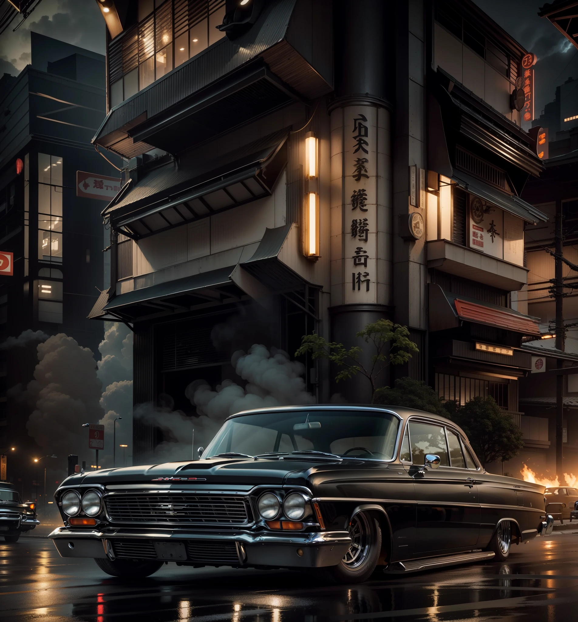 An imposing classic black 62 Chevy showroom car, impecavelmente restaurado, ostenta rodas BBS RS de 17 polegadas com acabamento cromado. Its ridiculously low posture brings it closer to the asphalt of the tree-lined street dominated by retrofuturistic Japanese buildings illuminated on a dark rainy night with fog and fire.