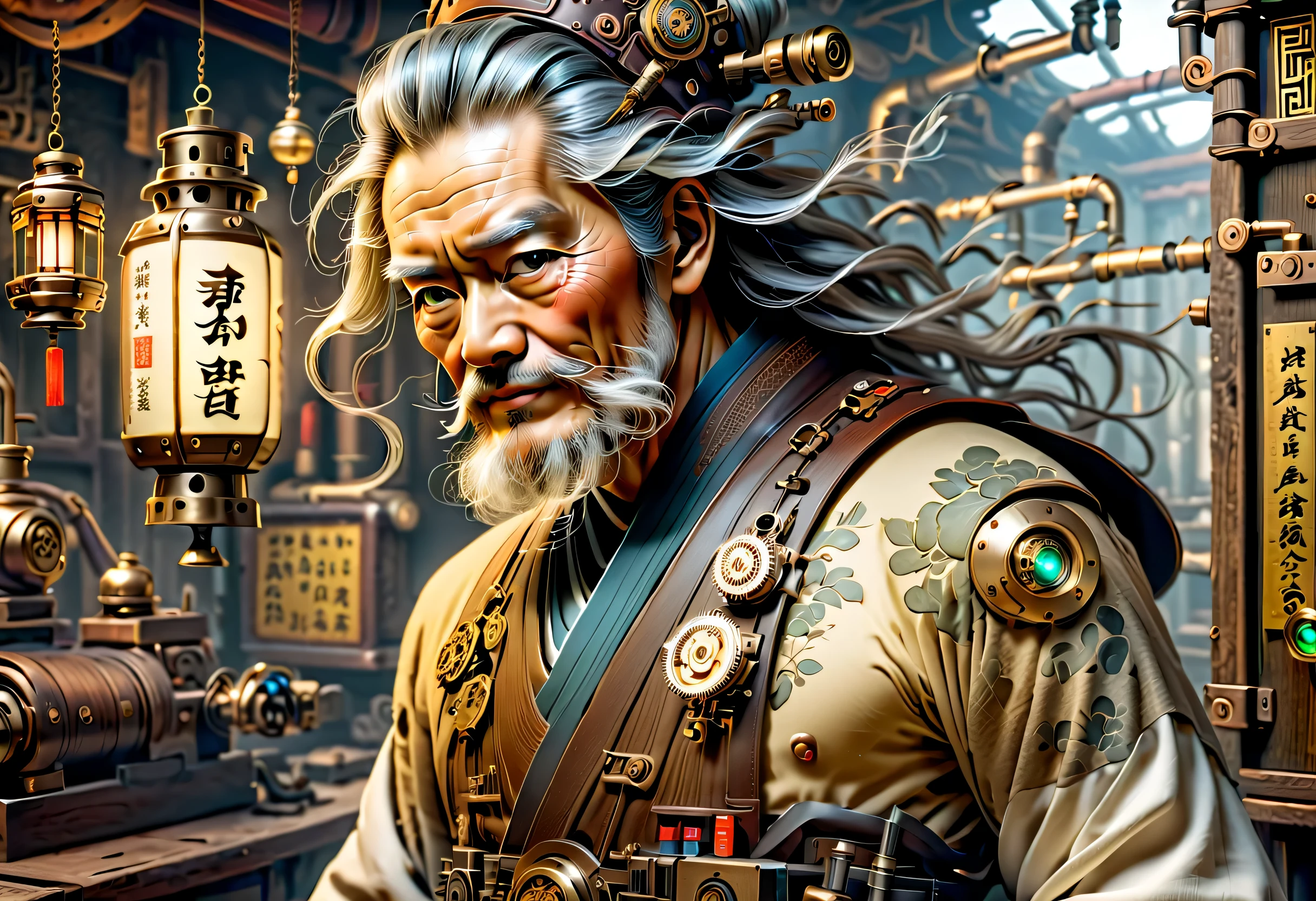 薬を販売しているImmortal,優しそうなelder,wiring,Immortal:elder:gray hair:wrinkled face:Chinese:i doubt it:The right arm of the machine,Fusion of machine and man,pharmacy background:ancient Chinese style:Medicinal herbal tar:wooden medicine cabinet,he lost part of his body in the war,Don&#39;don&#39;t hate anyone々I live with,右腕が機械になったImmortal,ancient Chinese styleの衣装,Steampunk element,Mechanically,Mechanical,intricate details,very fine,,High resolution,high quality,最high quality,clearly,Be clear,beautiful light and shadow,Three dimensions,complex configuration,mechanism,dynamic,Fusion of ancient civilization and steampunk,Be expressive,Impersonal,attractive,everyone loves him,I&#39;Iはジョークが得意で、I laugh a lot,prosthetic limb
