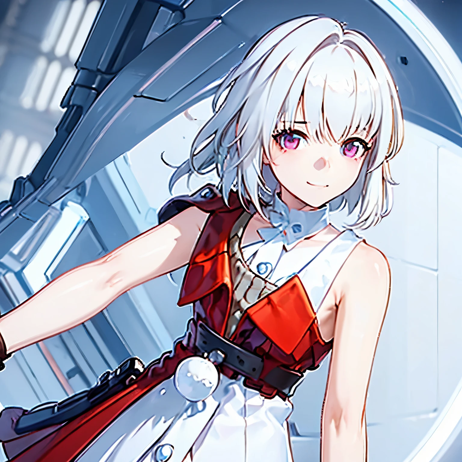 1 girl, Bethel, blue eyes, bare shoulders, breast, medium breast, short hair, white hair,  Bangs, Gloves, sleeveless, alone, shirt, fingerless Gloves, white shirt, sleeveless shirt, Put your arms behind your back, Off the shoulders, trumpet, Smile, (masterpiece), (best quality), (Super detailed), indoors, simple background, Blue flowers, 