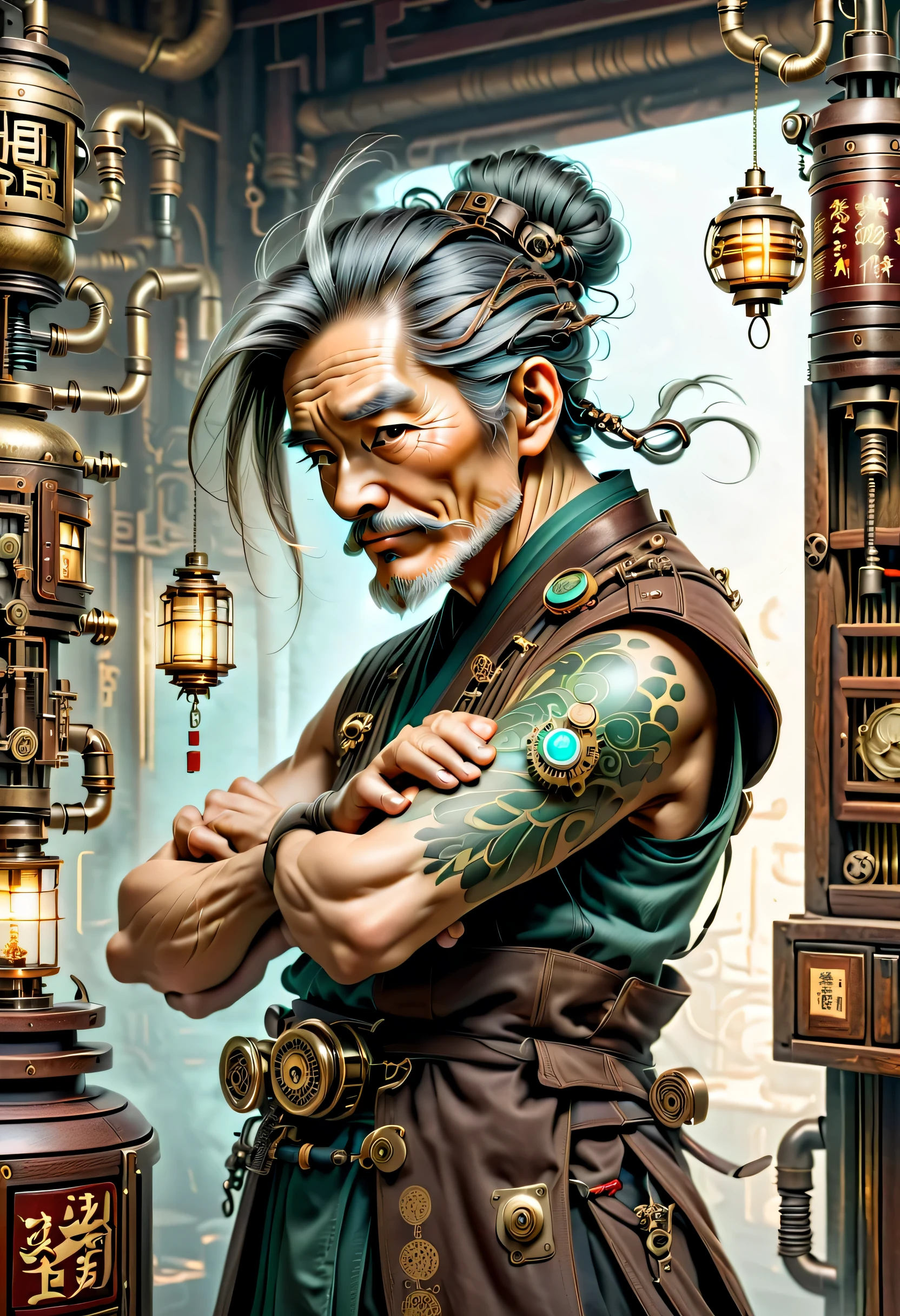 薬を販売しているImmortal,優しそうなelder,wiring,Immortal:elder:gray hair:wrinkled face:Chinese:i doubt it:The right arm of the machine,Fusion of machine and man,pharmacy background:ancient Chinese style:Medicinal herbal tar:wooden medicine cabinet,he lost part of his body in the war,Don&#39;don&#39;t hate anyone々I live with,右腕が機械になったImmortal,ancient Chinese styleの衣装,Steampunk element,Mechanically,Mechanical,intricate details,very fine,,High resolution,high quality,最high quality,clearly,Be clear,beautiful light and shadow,Three dimensions,complex configuration,mechanism,dynamic,Fusion of ancient civilization and steampunk,Be expressive,Impersonal,attractive,everyone loves him,I&#39;Iはジョークが得意で、I laugh a lot,