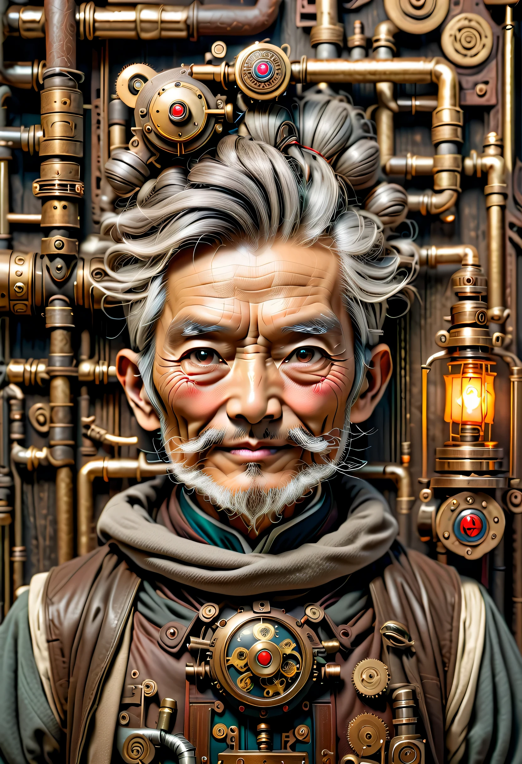 薬を販売しているImmortal,優しそうなelder,wiring,Immortal:elder:gray hair:wrinkled face:Chinese:i doubt it:The right arm of the machine,Fusion of machine and man,pharmacy background:ancient Chinese style:Medicinal herbal tar:wooden medicine cabinet,he lost part of his body in the war,Don&#39;don&#39;t hate anyone々I live with,右腕が機械になったImmortal,ancient Chinese styleの衣装,Steampunk element,Mechanically,Mechanical,intricate details,very fine,,High resolution,high quality,最high quality,clearly,Be clear,beautiful light and shadow,Three dimensions,complex configuration,mechanism,dynamic,Fusion of ancient civilization and steampunk,Be expressive,Impersonal,attractive,everyone loves him,I&#39;Iはジョークが得意で、I laugh a lot,