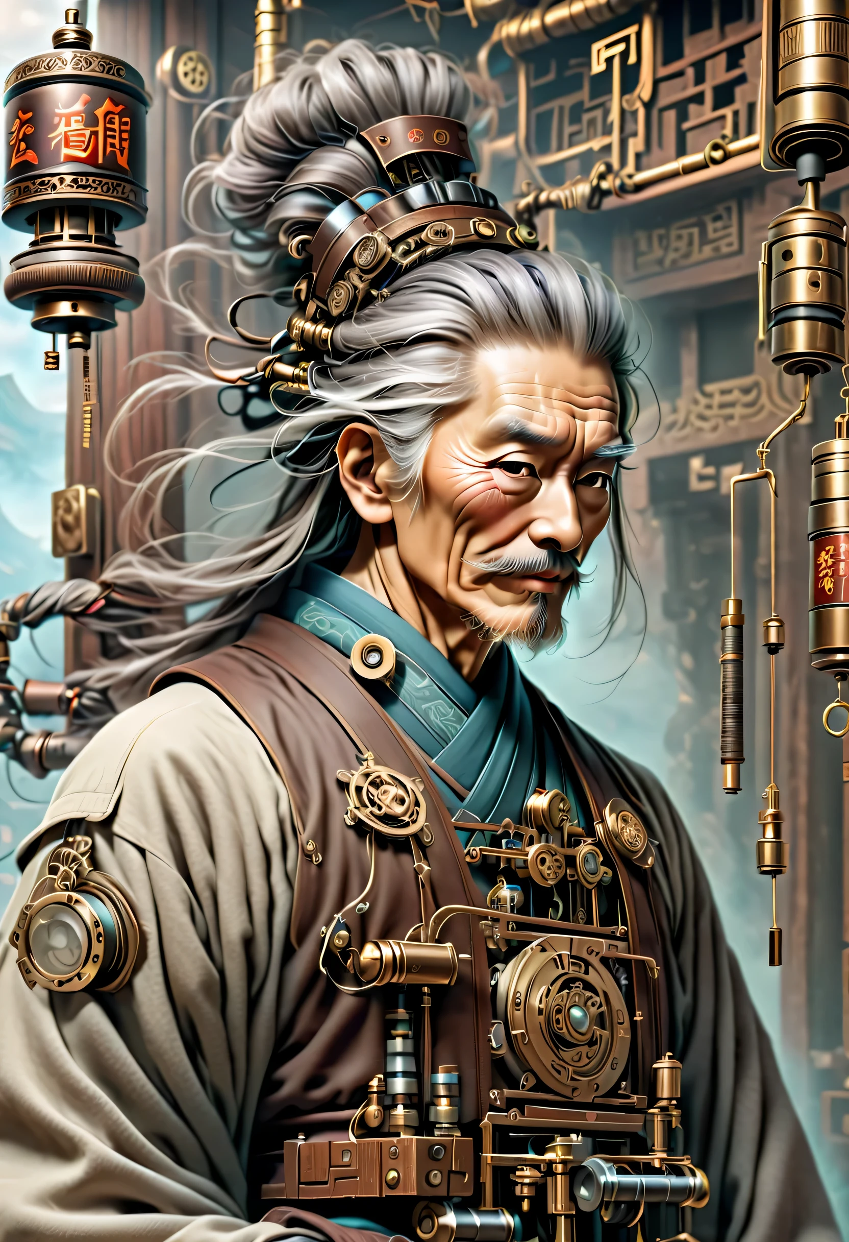 薬を販売しているImmortal,優しそうなelder,wiring,Immortal:elder:gray hair:wrinkled face:Chinese:i doubt it:The right arm of the machine,Fusion of machine and man,pharmacy background:ancient Chinese style:Medicinal herbal tar:wooden medicine cabinet,he lost part of his body in the war,Don&#39;don&#39;t hate anyone々I live with,右腕が機械になったImmortal,ancient Chinese styleの衣装,Steampunk element,Mechanically,Mechanical,intricate details,very fine,,High resolution,high quality,最high quality,clearly,Be clear,beautiful light and shadow,Three dimensions,complex configuration,mechanism,dynamic,Fusion of ancient civilization and steampunk,Be expressive,Impersonal,attractive,everyone loves him,I&#39;Iはジョークが得意で、I laugh a lot,prosthetic limb