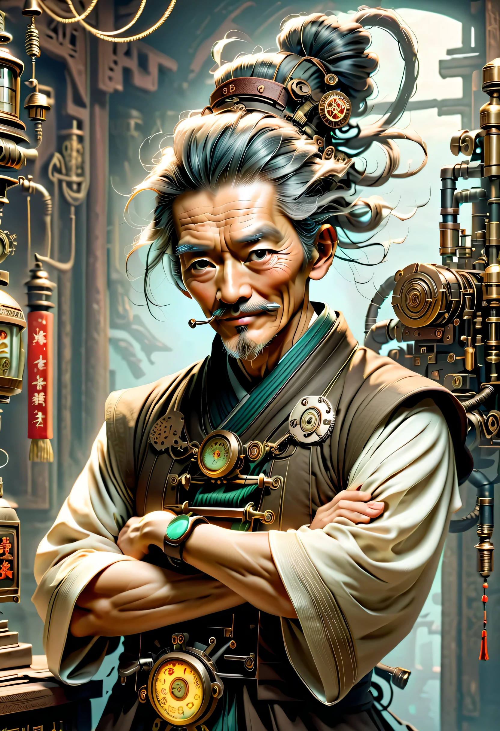 薬を販売しているImmortal,優しそうなelder,wiring,Immortal:elder:gray hair:wrinkled face:Chinese:i doubt it:The right arm of the machine,Fusion of machine and man,pharmacy background:ancient Chinese style:Medicinal herbal tar:wooden medicine cabinet,he lost part of his body in the war,Don&#39;don&#39;t hate anyone々I live with,右腕が機械になったImmortal,ancient Chinese styleの衣装,Steampunk element,Mechanically,Mechanical,intricate details,very fine,,High resolution,high quality,最high quality,clearly,Be clear,beautiful light and shadow,Three dimensions,complex configuration,mechanism,dynamic,Fusion of ancient civilization and steampunk,Be expressive,Impersonal,attractive,everyone loves him,I&#39;Iはジョークが得意で、I laugh a lot,