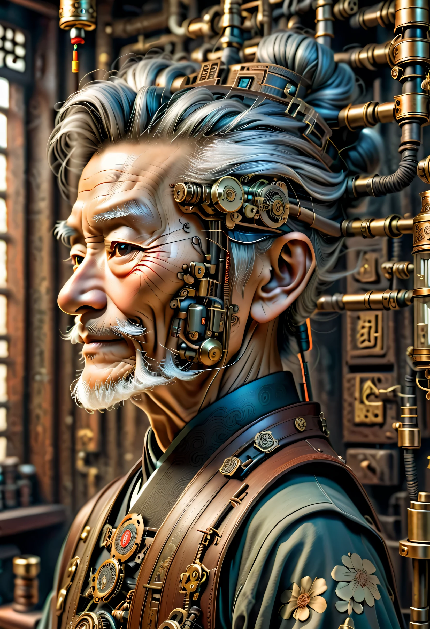 薬を販売しているImmortal,優しそうなelder,wiring,Immortal:elder:gray hair:wrinkled face:Chinese:i doubt it:The right arm of the machine,Fusion of machine and man,pharmacy background:ancient Chinese style:Medicinal herbal tar:wooden medicine cabinet,he lost part of his body in the war,Don&#39;don&#39;t hate anyone々I live with,右腕が機械になったImmortal,ancient Chinese styleの衣装,Steampunk element,Mechanically,Mechanical,intricate details,very fine,,High resolution,high quality,最high quality,clearly,Be clear,beautiful light and shadow,Three dimensions,complex configuration,mechanism,dynamic,Fusion of ancient civilization and steampunk,Be expressive,Impersonal,attractive,everyone loves him,I&#39;Iはジョークが得意で、I laugh a lot,prosthetic limb