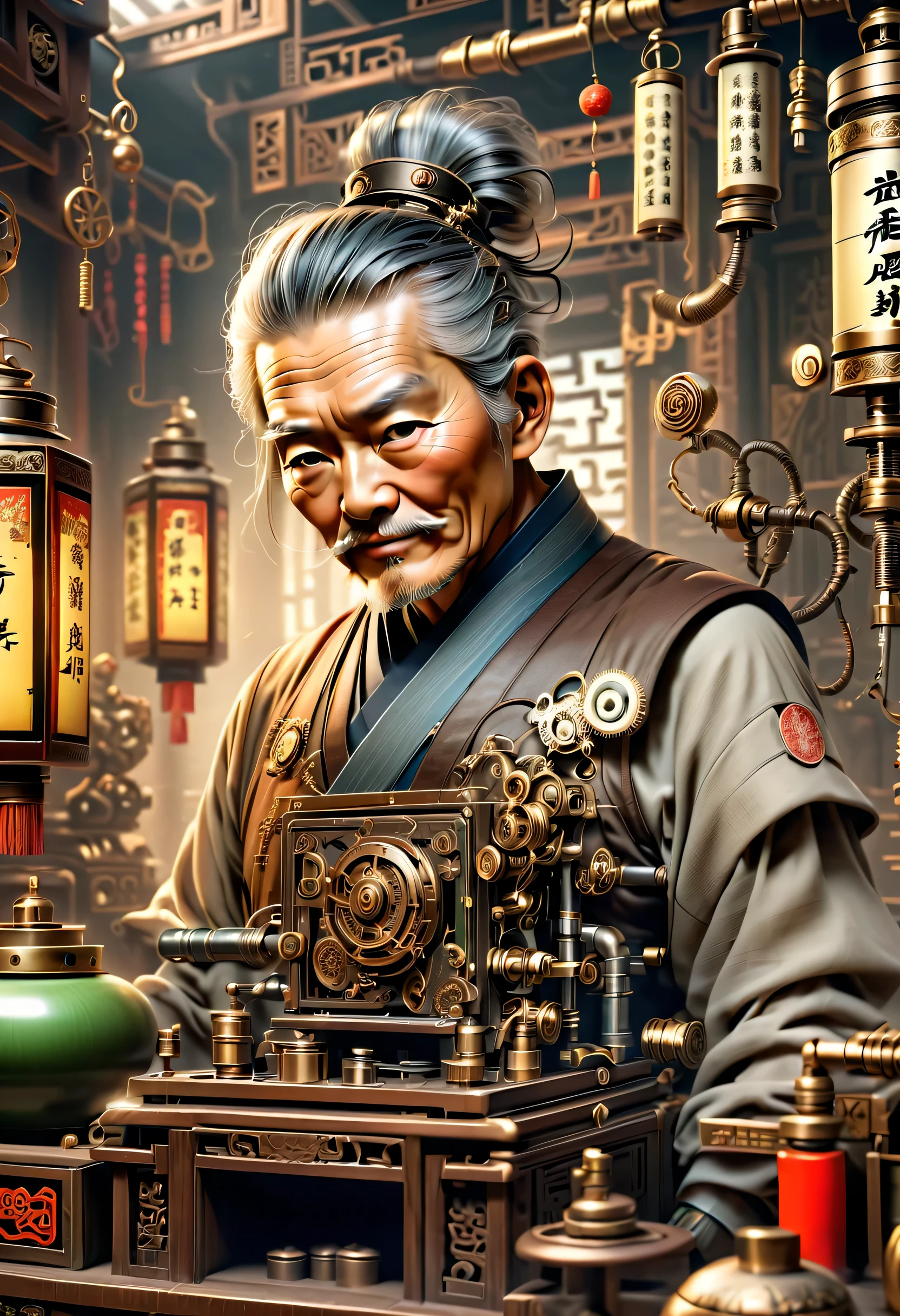 薬を販売しているImmortal,優しそうなelder,wiring,Immortal:elder:gray hair:wrinkled face:Chinese:i doubt it:The right arm of the machine,Fusion of machine and man,pharmacy background:ancient Chinese style:Medicinal herbal tar:wooden medicine cabinet,he lost part of his body in the war,Don&#39;don&#39;t hate anyone々I live with,右腕が機械になったImmortal,ancient Chinese styleの衣装,Steampunk element,Mechanically,Mechanical,intricate details,very fine,,High resolution,high quality,最high quality,clearly,Be clear,beautiful light and shadow,Three dimensions,complex configuration,mechanism,dynamic,Fusion of ancient civilization and steampunk,Be expressive,Impersonal,attractive,everyone loves him,I&#39;Iはジョークが得意で、I laugh a lot,prosthetic limb