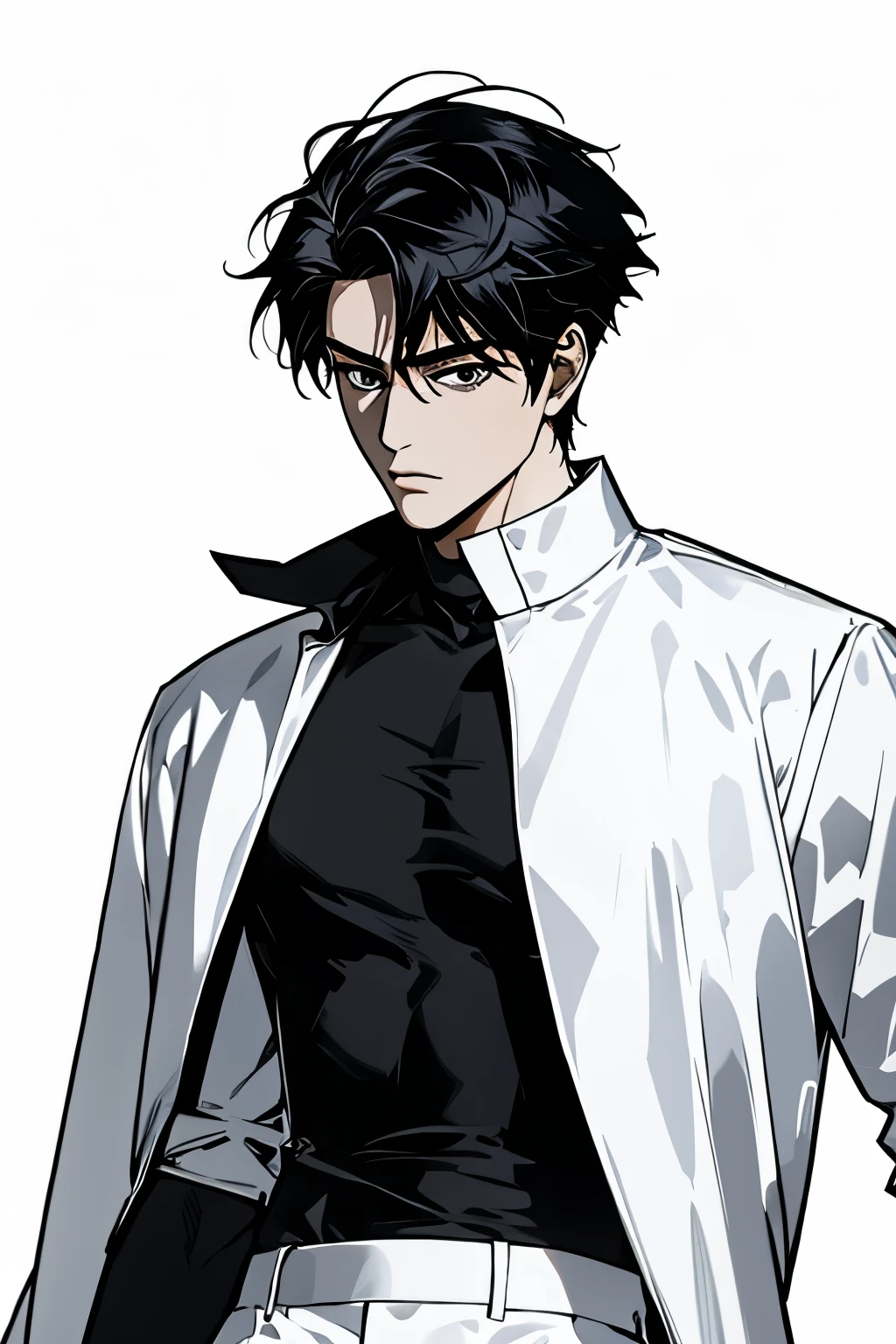 masterpiece, ultra detailed, 4K, 8K, 32K, intricate, (((1boy))), ((black hair)), ((no background)), white background, detailed eyes, white shirt and black pants, school uniform, handsome young man, 20 year old, (((same character))), dynamic pose, anatomically correct hands, modern clothing, detailed clothes, (slender body), Hideaki Sorachi, Bleach, Tite Kubo, Kazuki Yone, (((stylish haircut)))