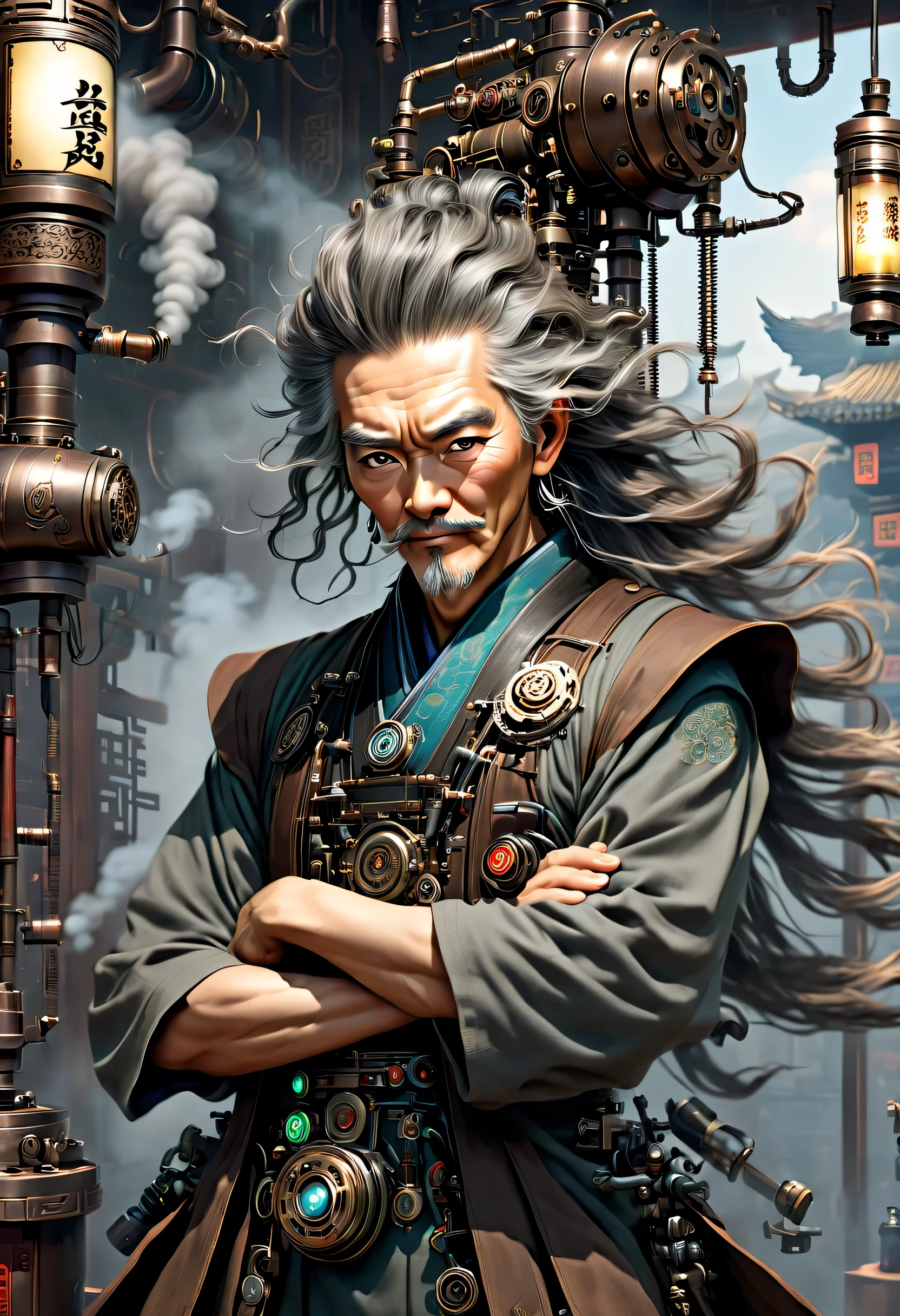 薬を販売しているImmortal,優しそうなelder,wiring,Immortal:elder:gray hair:wrinkled face:Chinese:i doubt it:The right arm of the machine,Fusion of machine and man,pharmacy background:ancient Chinese style:Medicinal herbal tar:wooden medicine cabinet,he lost part of his body in the war,Don'don't hate anyone々I live with,右腕が機械になったImmortal,ancient Chinese styleの衣装,Steampunk element,Mechanically,Mechanical,intricate details,very fine,,High resolution,high quality,最high quality,clearly,Be clear,beautiful light and shadow,Three dimensions,complex configuration,mechanism,dynamic,Fusion of ancient civilization and steampunk,Be expressive,Impersonal,attractive,everyone loves him,I'Iはジョークが得意で、I laugh a lot,Smoke Tube