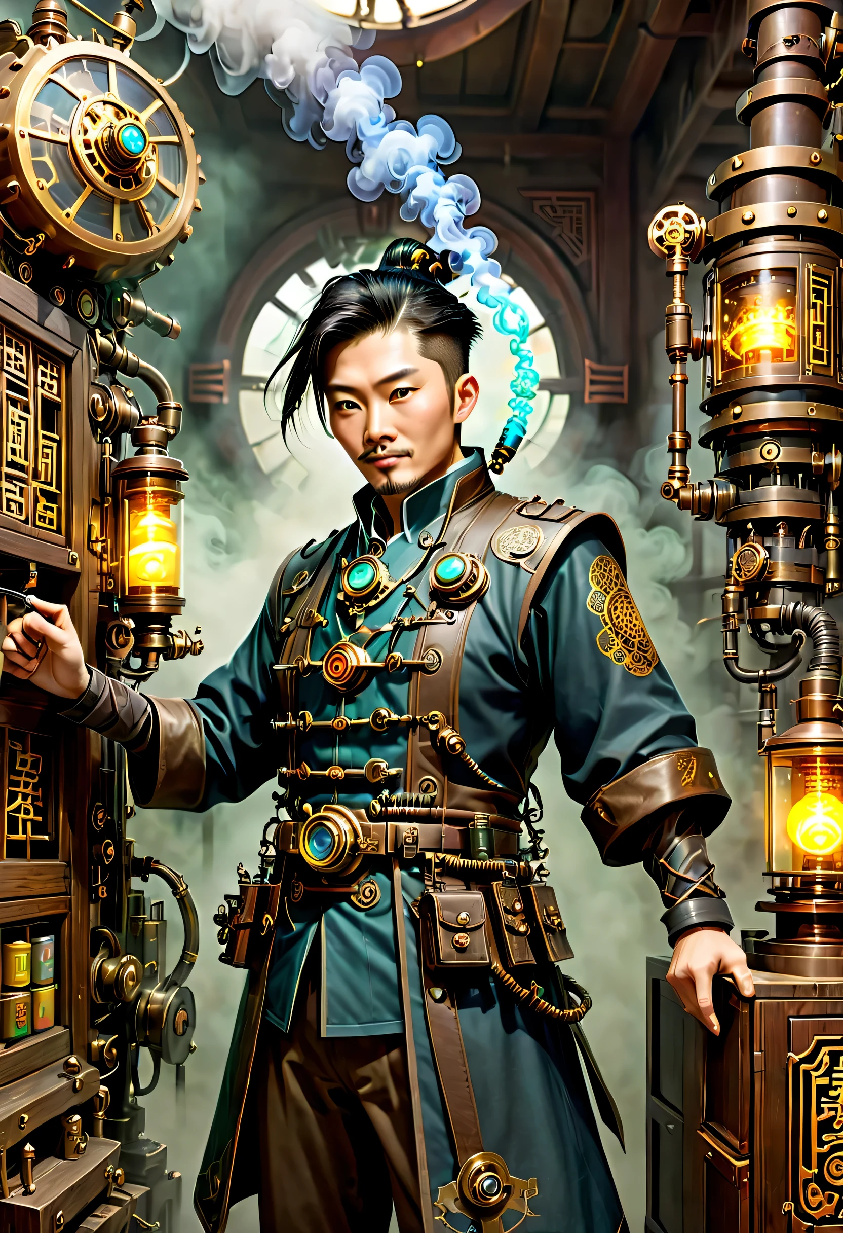 Immortalが営むpharmacy,薬を販売しているImmortal,Suspicious appearance,wiring,Immortal:elder:Chinese:i doubt it:The right arm of the machine,Fusion of machine and man,pharmacy:ancient Chinese style:Medicinal herbal tar:wooden medicine cabinet,he lost part of his body in the war,Don&#39;don&#39;t hate anyone々I live with,右腕が機械になったImmortal,ancient Chinese styleの衣装,Steampunk element,Mechanically,Mechanical,intricate details,very fine,,High resolution,high quality,最high quality,clearly,Be clear,beautiful light and shadow,Three dimensions,complex configuration,mechanism,dynamic,Fusion of ancient civilization and steampunk,Be expressive,Impersonal,attractive,everyone loves him,I&#39;Iはジョークが得意で、I laugh a lot,Smoke Tube