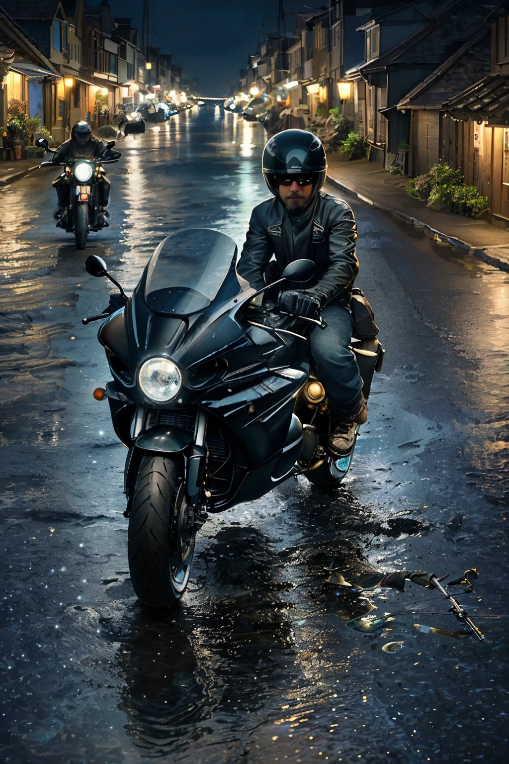 Two motorcyclists boldly ride through a serene fishing village at night, their custom motorcycles illuminating the dark seaside avenue in an AR 16:9 perspective. The village is peaceful and tranquil, with the gentle hum of the ocean providing a soothing backdrop. The motorcyclists, with their helmets on and leather jackets zipped up, focus intently on the road ahead, their headlights cutting through the inky darkness.

Their motorcycles, unique and distinct, glisten under the night sky as they weave through the narrow streets, leaving behind a trail of reflection in the puddles on the ground. The fishing boats in the harbor cast