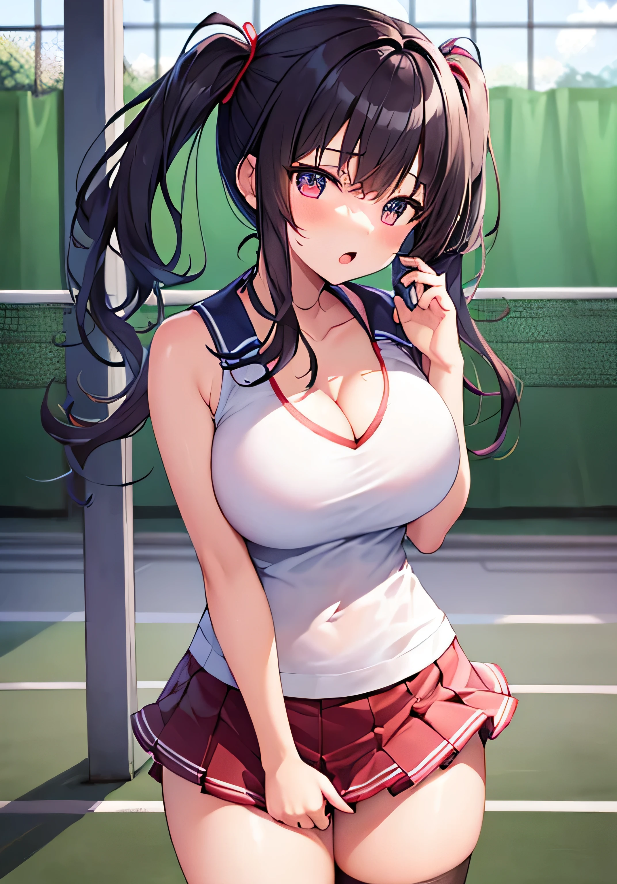 masterpiece、best image quality、ultra high resolution、age girl with big breasts、twin tail hairstyle、black hair、red face、shyly、mock、Open your mouth just a little、Teengirl's tennis wear showing cleavage、teenage pleated skirt、Tennis court
