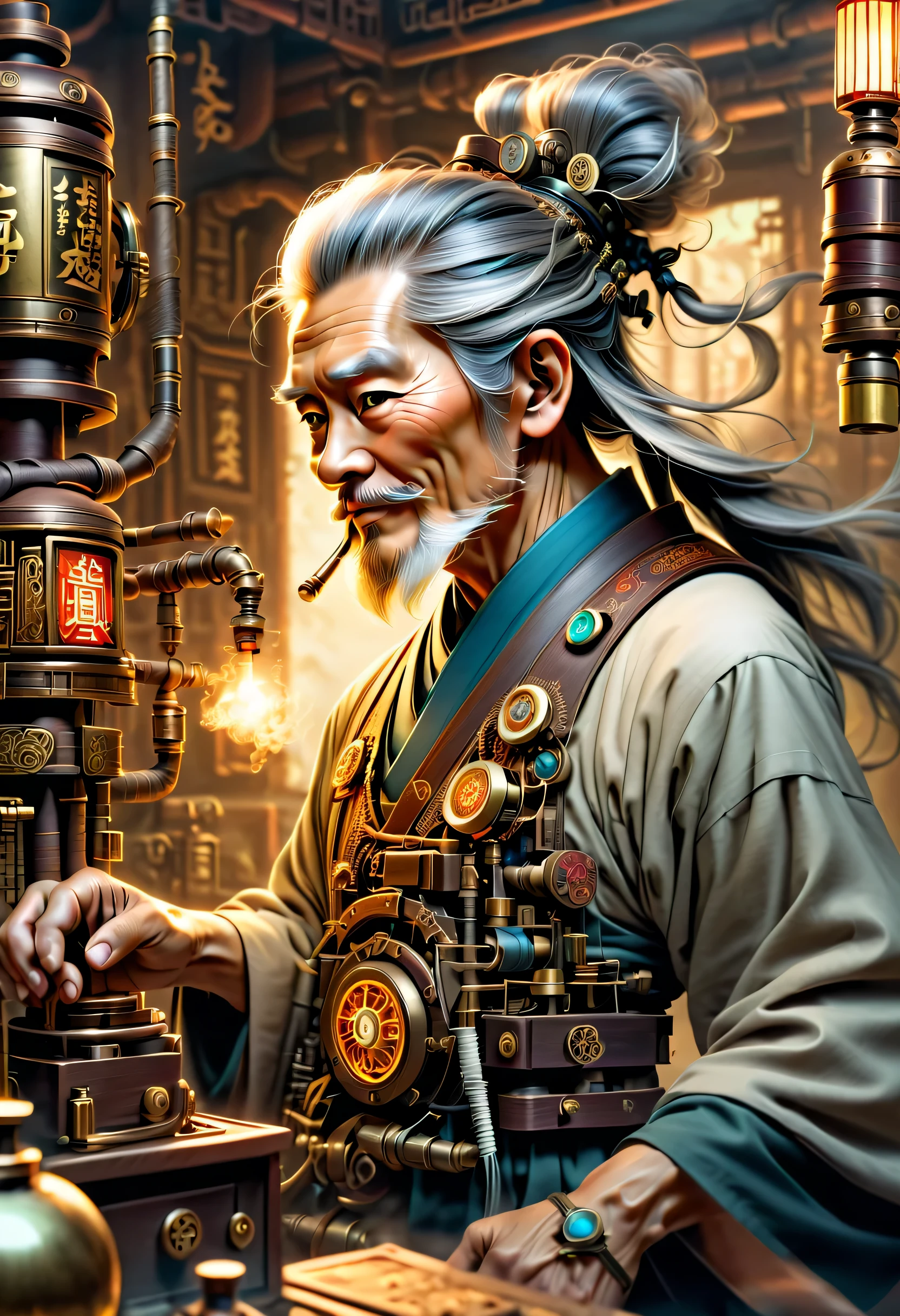 薬を販売しているImmortal,優しそうなelder,wiring,Immortal:elder:gray hair:wrinkled face:Chinese:i doubt it:The right arm of the machine,Fusion of machine and man,pharmacy background:ancient Chinese style:Medicinal herbal tar:wooden medicine cabinet,he lost part of his body in the war,Don&#39;don&#39;t hate anyone々I live with,右腕が機械になったImmortal,ancient Chinese styleの衣装,Steampunk element,Mechanically,Mechanical,intricate details,very fine,,High resolution,high quality,最high quality,clearly,Be clear,beautiful light and shadow,Three dimensions,complex configuration,mechanism,dynamic,Fusion of ancient civilization and steampunk,Be expressive,Impersonal,attractive,everyone loves him,I&#39;Iはジョークが得意で、I laugh a lot,Smoke Tube