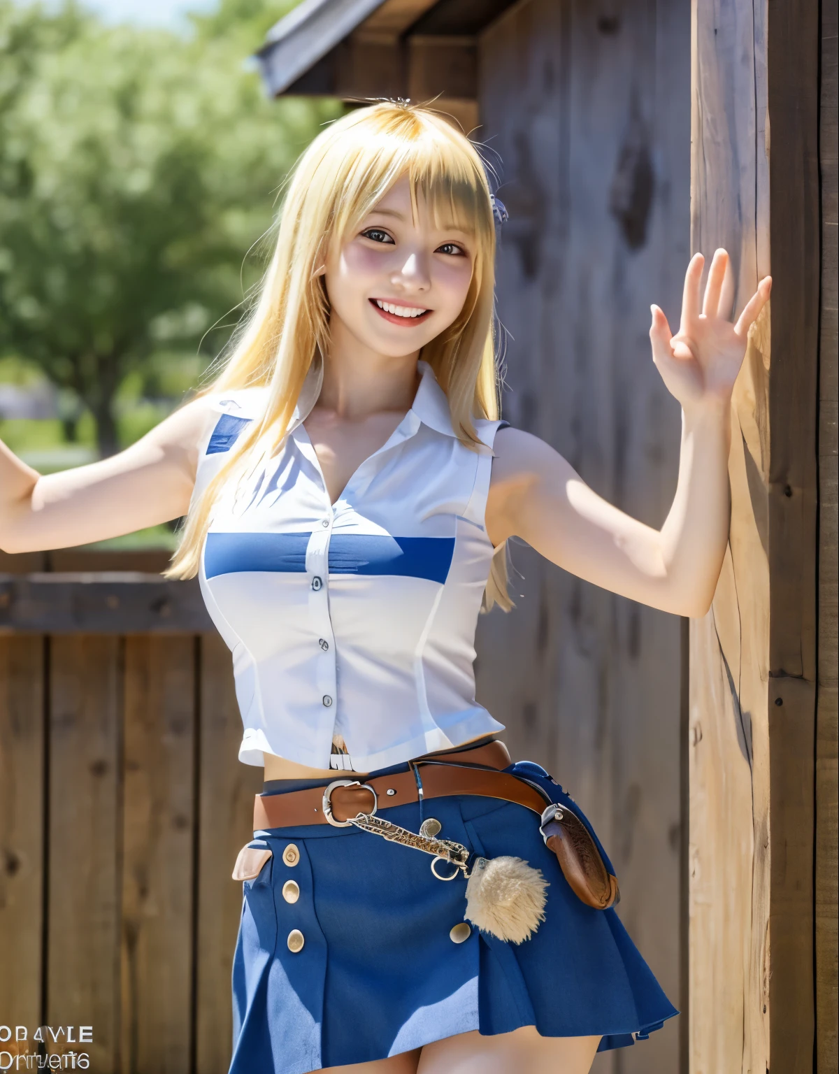 masterpiece, best quality, highres, lucy heartfilia, blonde hair, long hair, large breasts, white shirt, sleeveless, belt, blue skirt, cowboy shot, standing, looking at viewer, outdoors, waving, smile, open mouth,