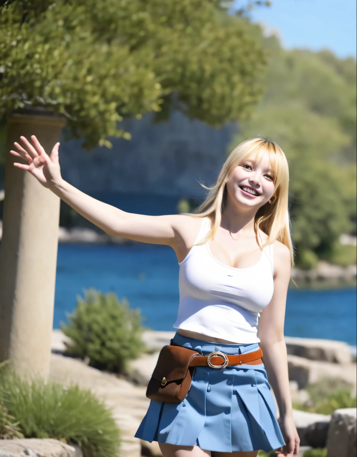 masterpiece, best quality, highres, lucy heartfilia, blonde hair, long hair, large breasts, white shirt, sleeveless, belt, blue skirt, cowboy shot, standing, looking at viewer, outdoors, waving, smile, open mouth,